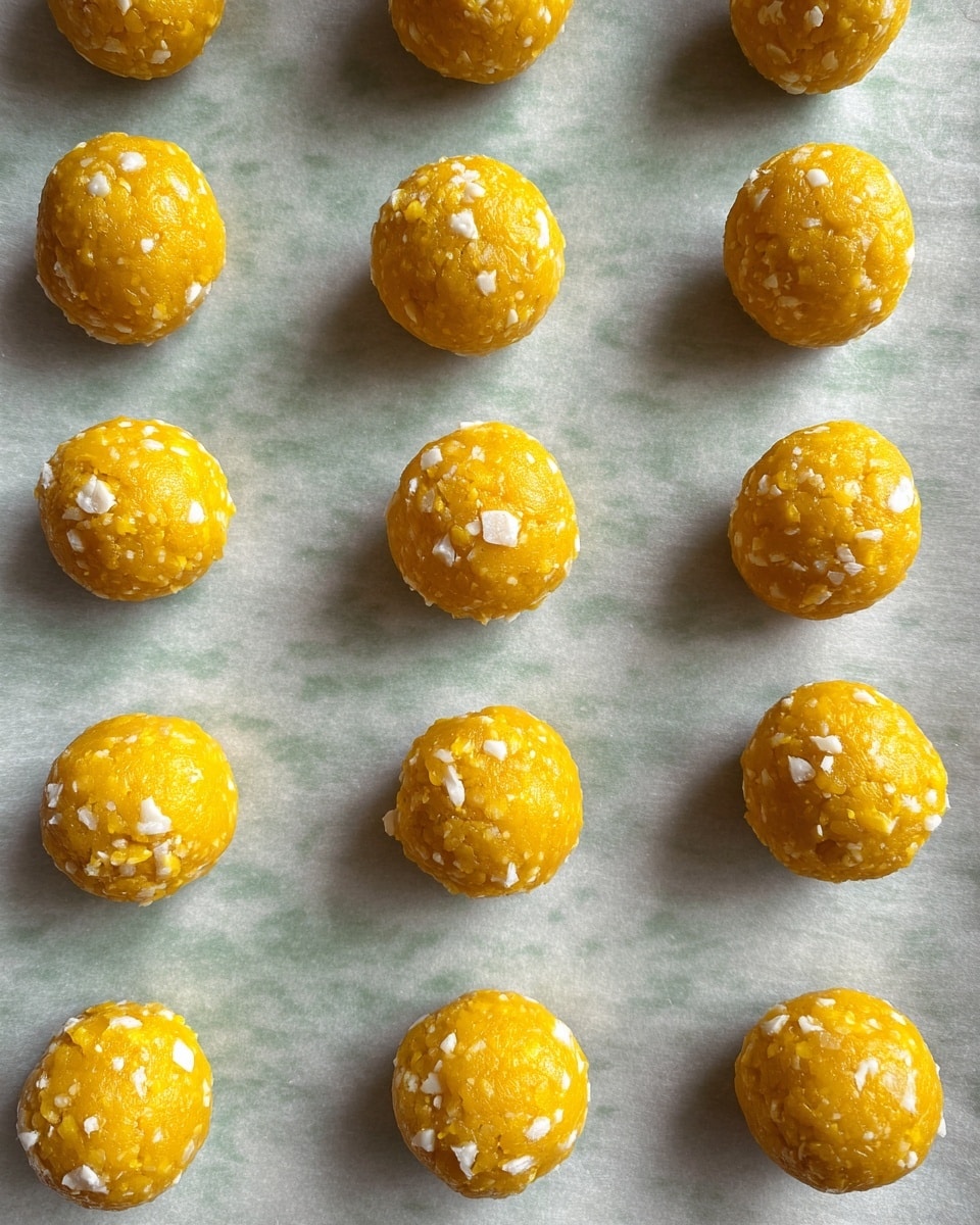 The image shows fifteen small, round, bright yellow balls evenly spaced in a grid on light green parchment paper placed on a white marbled surface. Each ball has a slightly rough texture with small white pieces embedded inside, giving them a crumbly look. The balls are uniform in size and arranged in neat rows and columns. The photo taken with an iphone --ar 4:5 --v 7