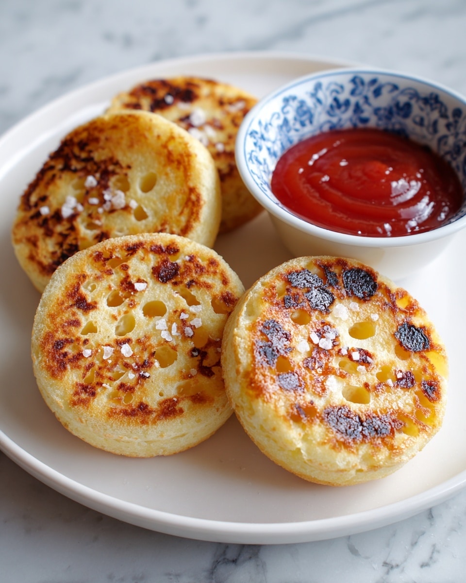 The image shows four pieces of toasted crumpets with a golden brown top scattered with small holes and some dark brown char spots, lightly sprinkled with coarse salt. The crumpets are arranged on a white plate with a smooth round shape, next to a small white bowl with a blue floral pattern filled with bright red ketchup. The plate and bowl sit on a white marbled surface, adding a clean and simple background. Photo taken with an iphone --ar 4:5 --v 7