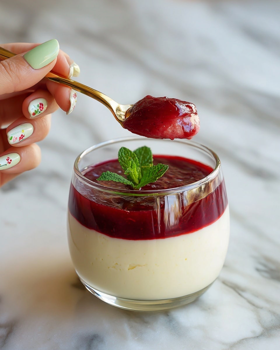 A clear glass cup holds a dessert with two visible layers: a thick, smooth, dark red layer at the bottom and a generous top layer of white cream that is soft and slightly fluffy. A golden spoon with a white handle is lifting a round scoop of the red layer, partially covered with the white cream. The dessert cup is placed on a white marbled surface, and there is a small green mint leaf on the side inside the cup. A woman's hand with light green nails painted with small red and white designs is holding the spoon. Photo taken with an iphone --ar 4:5 --v 7