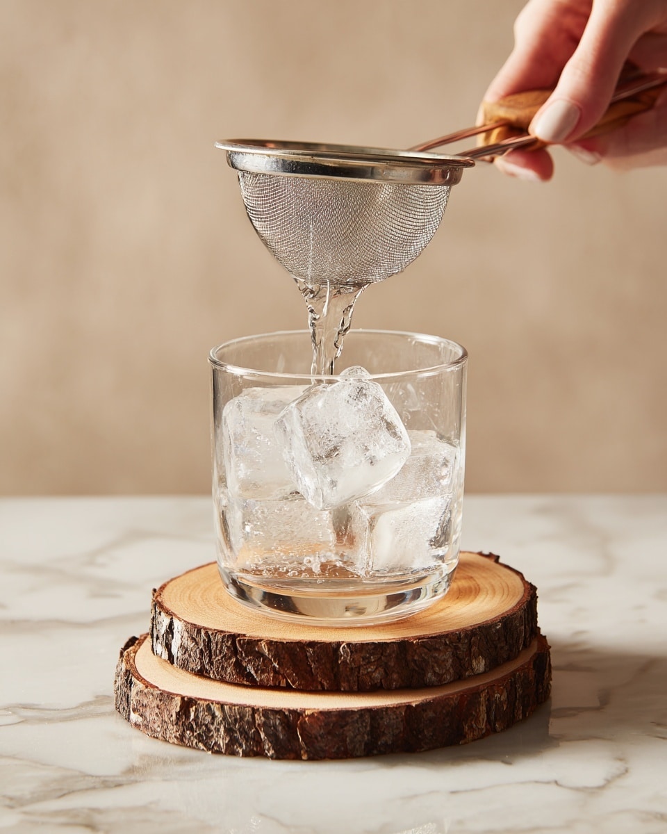 A clear glass filled with large ice cubes sits on two stacked round wooden slices with bark edges, placed on a white marbled surface. Water is being poured through a small mesh strainer into the glass. A woman's hand holds the strainer’s handle on the right side of the image, and another part of the woman's hand is visible holding the glass container from which water flows. The background is soft beige. The glass's smooth, transparent texture is highlighted by the light reflecting on the water and ice inside. Photo taken with an iphone --ar 4:5 --v 7