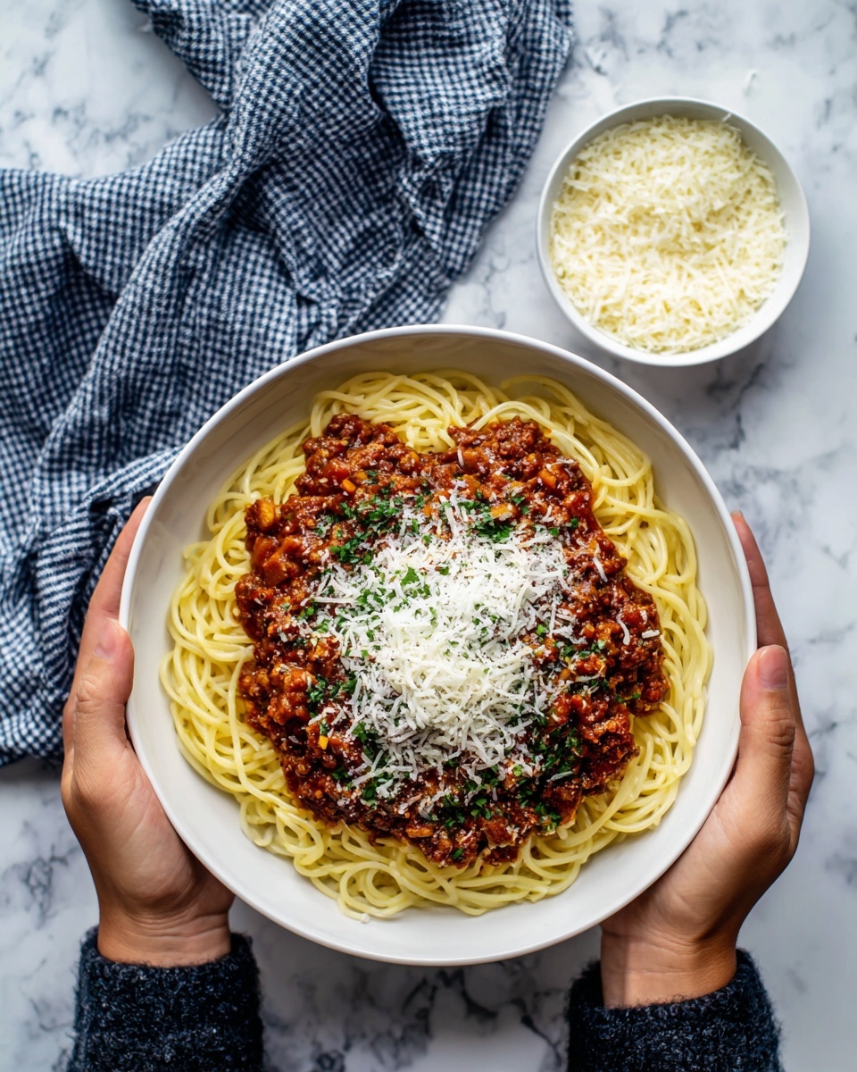A white bowl held by a woman's hands contains three layers: the bottom layer is yellow cooked spaghetti, the middle layer is chunky brown meat sauce with some green herbs, and the top layer is a heap of finely grated white cheese. Next to the bowl is a small white bowl filled with more grated cheese, and above these is a blue and white checkered cloth spread loosely. The background surface is a white marbled texture. photo taken with an iphone --ar 4:5 --v 7