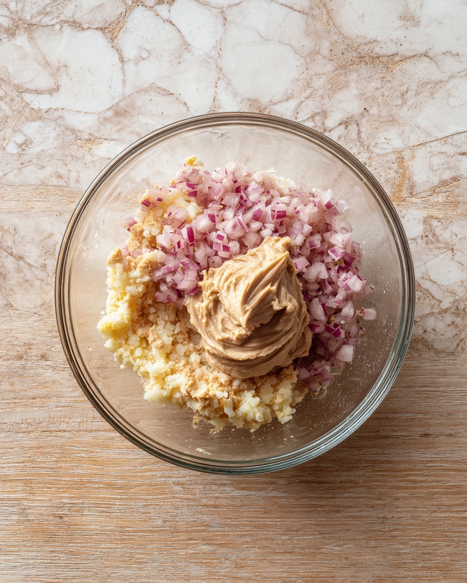 A clear glass bowl sits on a wooden surface with a white marbled texture background. Inside the bowl, there are three visible layers: the bottom layer is a pale yellow, grainy texture like mashed ingredients, topped with finely chopped pinkish-red pieces that look like onions. On top of this, there is a light brown, creamy dollop with a soft, swirled pattern. The overall look is layered and textured, showing a mix of soft and finely chopped components photo taken with an iphone --ar 4:5 --v 7