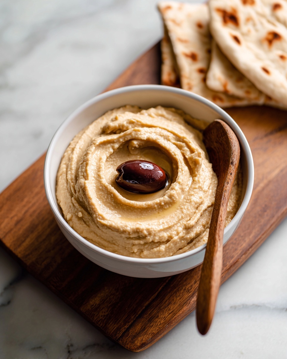 A smooth, creamy light beige hummus fills a white bowl, swirled into soft, thick layers that rise gently toward the center. At the top center sits a single shiny, dark brown olive resting on the hummus, adding a rich contrast. A wooden spoon with a smooth, warm brown handle is placed inside the bowl on the right side, slightly leaning out. In the blurred background, beige flatbread with toasted spots lies on a wooden board with a rich warm brown grain pattern. The whole scene is set on a white marbled surface. photo taken with an iphone --ar 4:5 --v 7