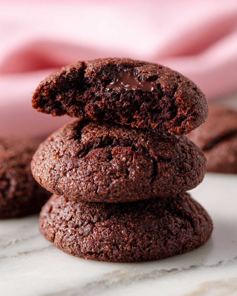 A close-up view of three stacked chocolate cookies on a white marbled surface, with the top cookie shown half cut to reveal a dense, dark brown, and soft inside layer with a slightly cracked and crumbly texture; the cookies have a rich chocolate brown color with a rough textured surface, and additional cookies can be seen blurred in the background with a soft pink cloth as part of the backdrop, photo taken with an iphone --ar 4:5 --v 7