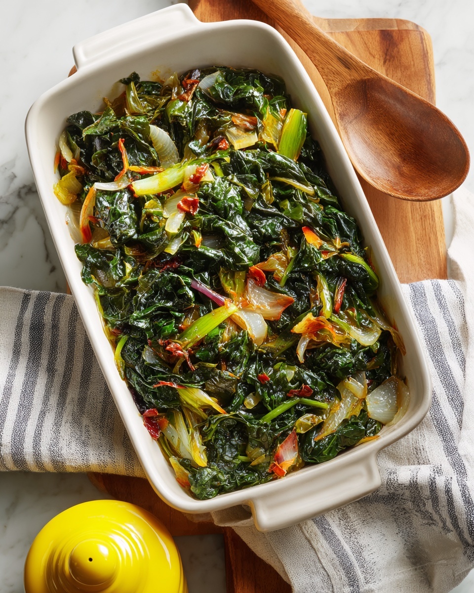 A white rectangular ceramic dish filled with a cooked mix of dark green leafy vegetables and chopped stems in various colors like red, orange, and light green, with translucent cooked onions evenly spread throughout; the dish sits on a wooden cutting board on a white marbled surface, next to a wooden spoon resting on a gray and white striped cloth, and a bright yellow ceramic salt or pepper shaker below. photo taken with an iphone --ar 4:5 --v 7