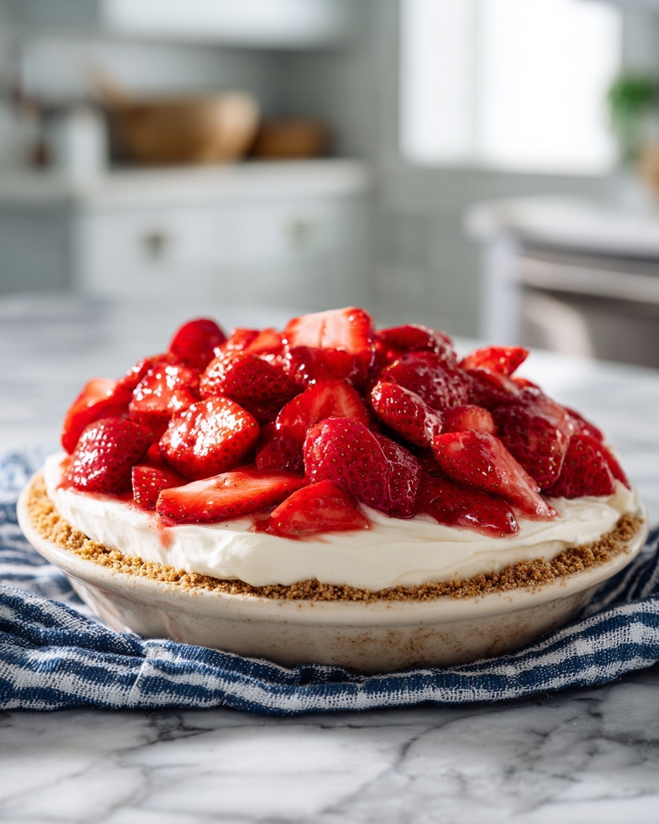 A pie is shown with three layers, placed on a white marbled surface with a blue checkered cloth underneath. The bottom layer is a light brown crumb crust that holds the pie together. The middle layer is a thick white cream spread evenly above the crust. The top layer is made of many bright red strawberry halves piled high, some showing their juicy seeds and white centers. The background is softly blurred white kitchen cabinets, giving a clean and bright look. Photo taken with an iphone --ar 4:5 --v 7