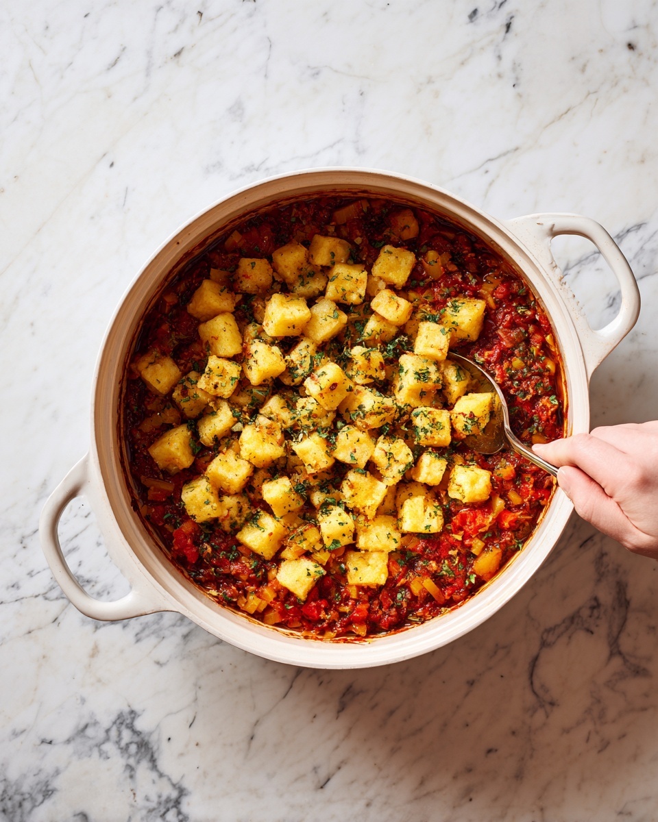 A white pot filled with two main layers of food is shown from above. The bottom layer is red with diced vegetables and herbs mixed in a thick tomato sauce. On top is a layer of light yellow, soft-looking cubes spread evenly across the surface. The pot sits on a white marbled surface, and a woman's hand holding a utensil is visible in the lower part of the image. photo taken with an iphone --ar 4:5 --v 7