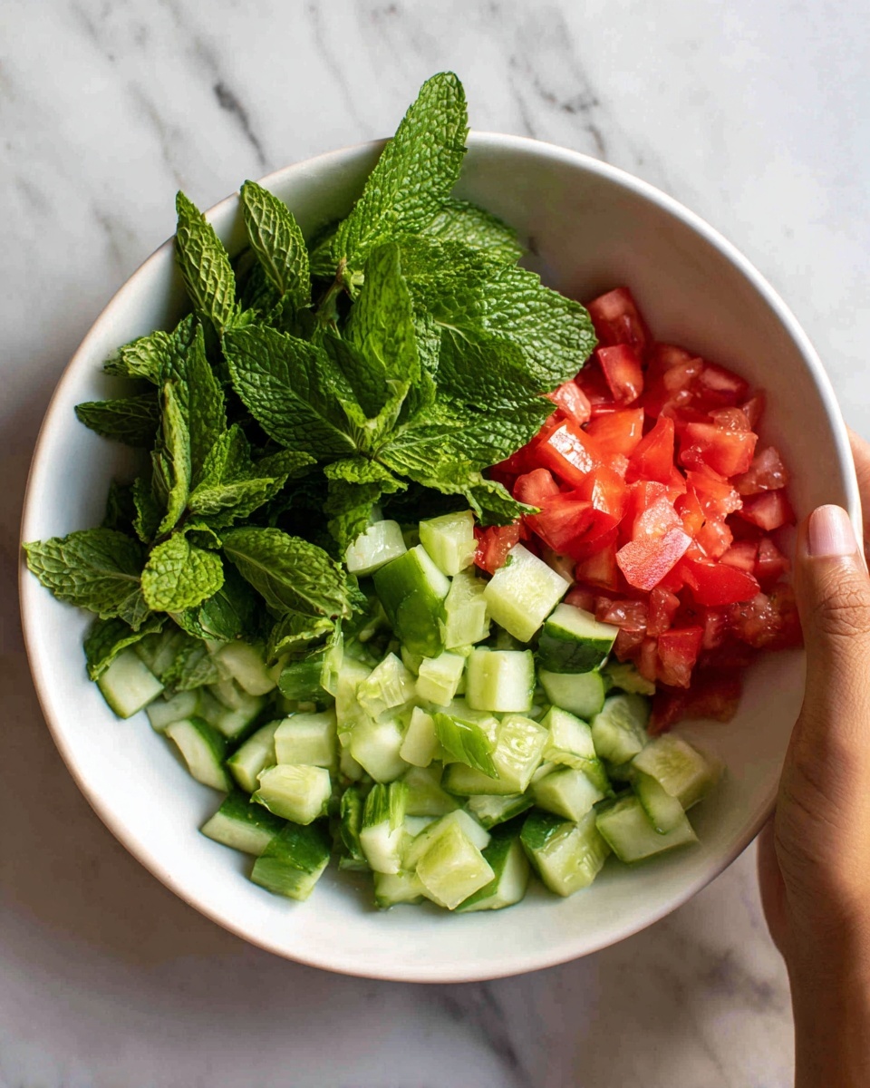 The image shows a close-up of a white bowl filled with three main layers of chopped ingredients. The top-left section has fresh green mint leaves with visible texture and veins. The top-right section contains small red tomato cubes that look juicy and bright. The bottom section has light green cucumber pieces, cut into uneven cubes with visible skin and seeds. The bowl is placed on a white marbled surface. A woman’s hand is reaching into the bowl from the top left corner. photo taken with an iphone --ar 4:5 --v 7