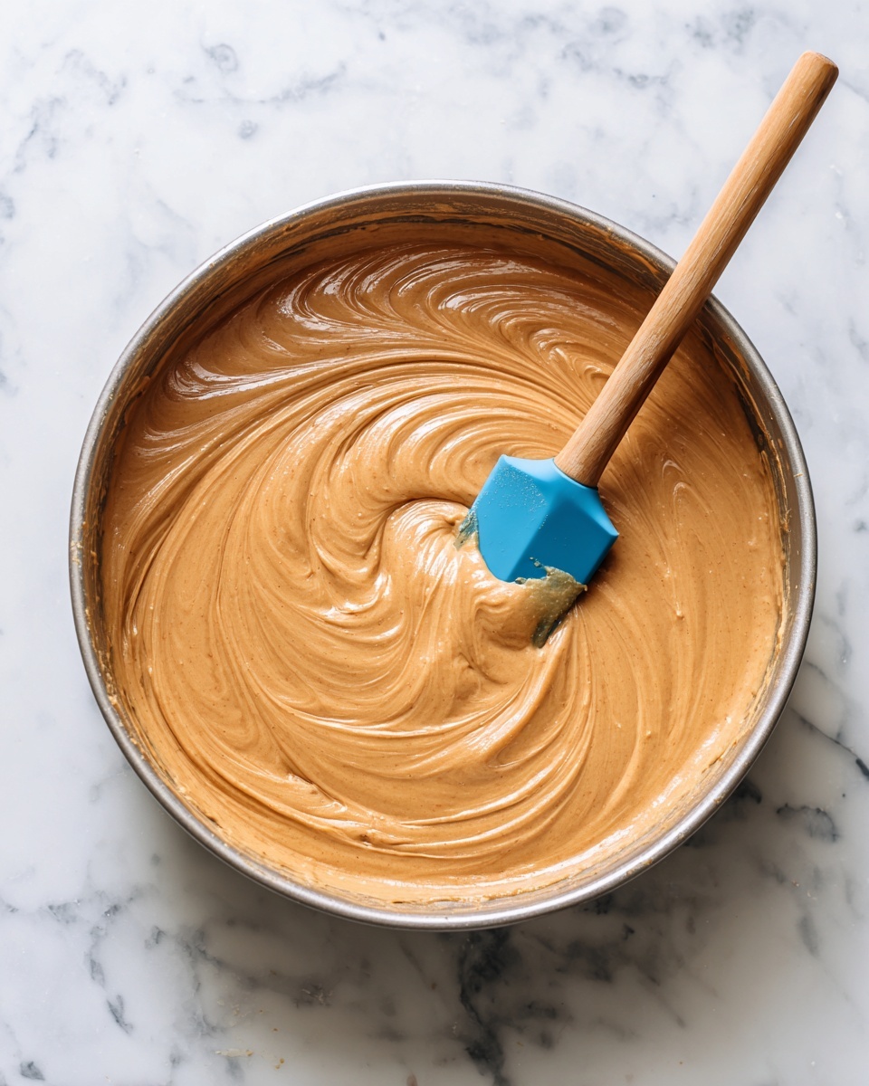 The image shows a round metal pan filled with a single smooth layer of brown batter. The batter has swirled patterns with a glossy texture and is spread evenly inside the pan. A blue silicone spatula with a wooden handle is partially dipped in the batter on the right side, showing some batter on its edge. The pan is set on a white marbled surface. photo taken with an iphone --ar 4:5 --v 7