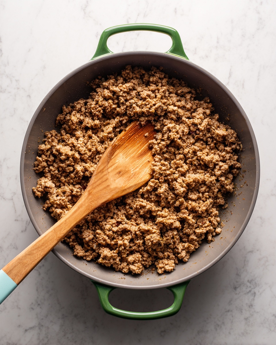 A large grey cooking pan with two green handles holds a single layer of crumbly cooked ground meat that is brownish with some darker spots, showing a coarse texture. A wooden spatula with a pale blue silicone tip rests inside the pan, partially covered by the meat mix. The pan is placed on a flat surface with a white marbled texture visible around it. photo taken with an iphone --ar 4:5 --v 7