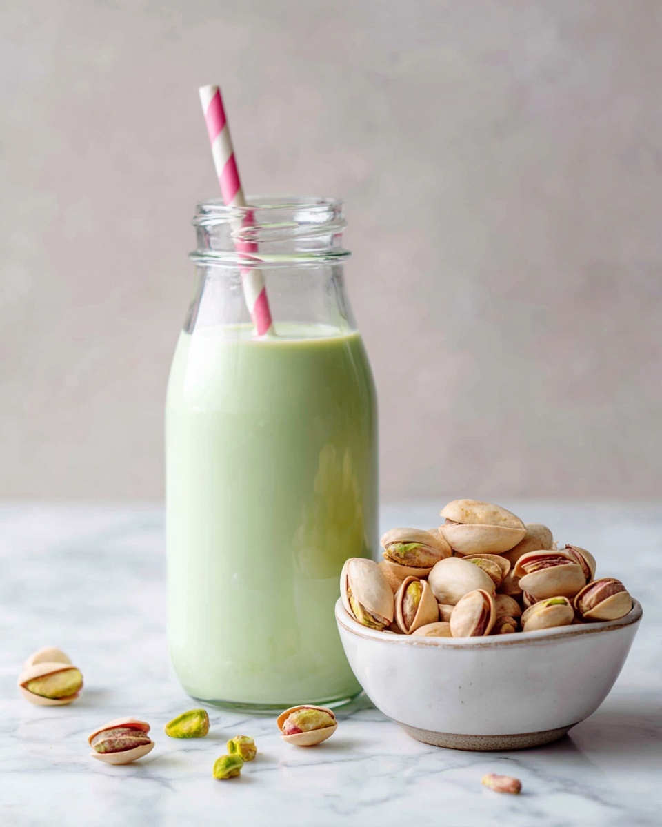 A clear glass bottle filled with light green creamy pistachio milk has a pink and white striped paper straw inside, standing on a white marbled surface. Next to the bottle is a small white bowl full of whole pistachio nuts with light brown shells and green nuts inside, and a few pistachio nuts scattered on the surface near the bowl. The scene is softly lit with a simple, clean look. photo taken with an iphone --ar 4:5 --v 7