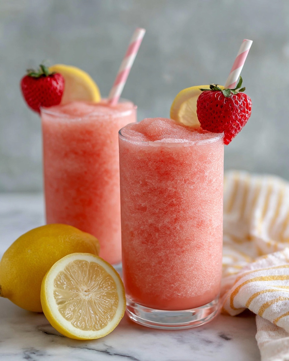 Two glasses filled with a pink slushy drink, each topped with a red strawberry piece. Both glasses have a white and pink striped straw placed inside. A thin lemon slice is placed on the rim of each glass. The glasses are on a white marbled surface, next to a yellow lemon resting on a white and beige striped cloth. Photo taken with an iphone --ar 4:5 --v 7