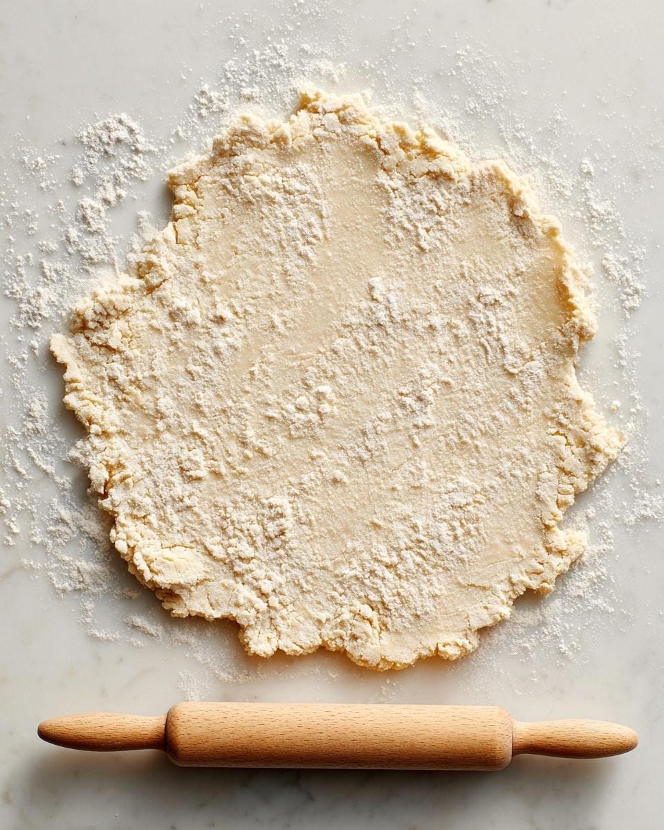 A single flat layer of light beige dough is rolled out evenly on a white marbled surface, with some flour dust scattered around it. The dough's edges are irregular and slightly rough, showing a soft texture. At the bottom edge of the image, a light wooden rolling pin rests horizontally, partially visible, suggesting the dough was recently rolled. Photo taken with an iphone --ar 4:5 --v 7
