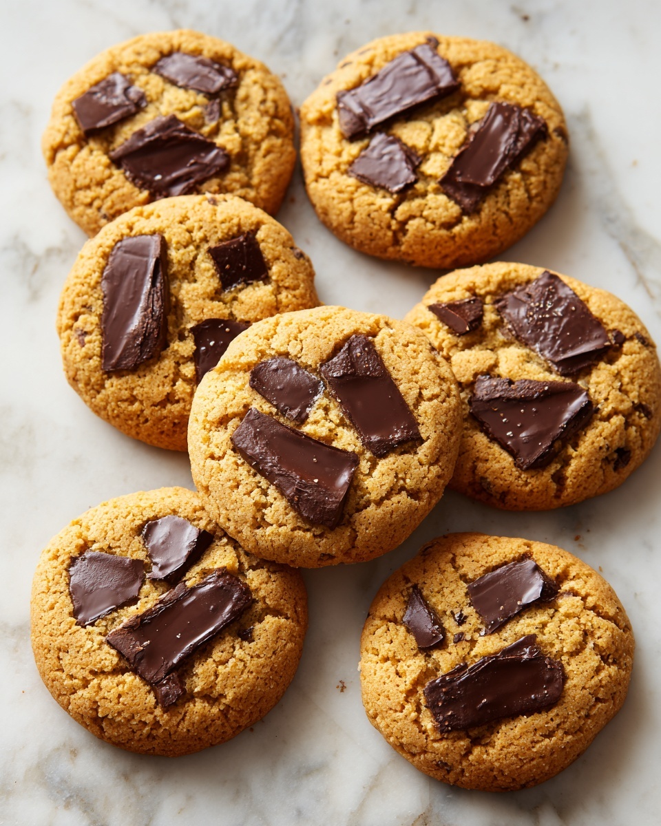 The image shows six golden brown cookies with large, dark chocolate chunks embedded on their tops. Each cookie has a slightly round shape with a soft, textured surface, and the chocolate pieces are irregularly placed, some melting slightly into the dough. The cookies rest closely on a white marbled surface that adds a clean backdrop to highlight their warm color and rich chocolate. The overall look is inviting and homemade. photo taken with an iphone --ar 4:5 --v 7