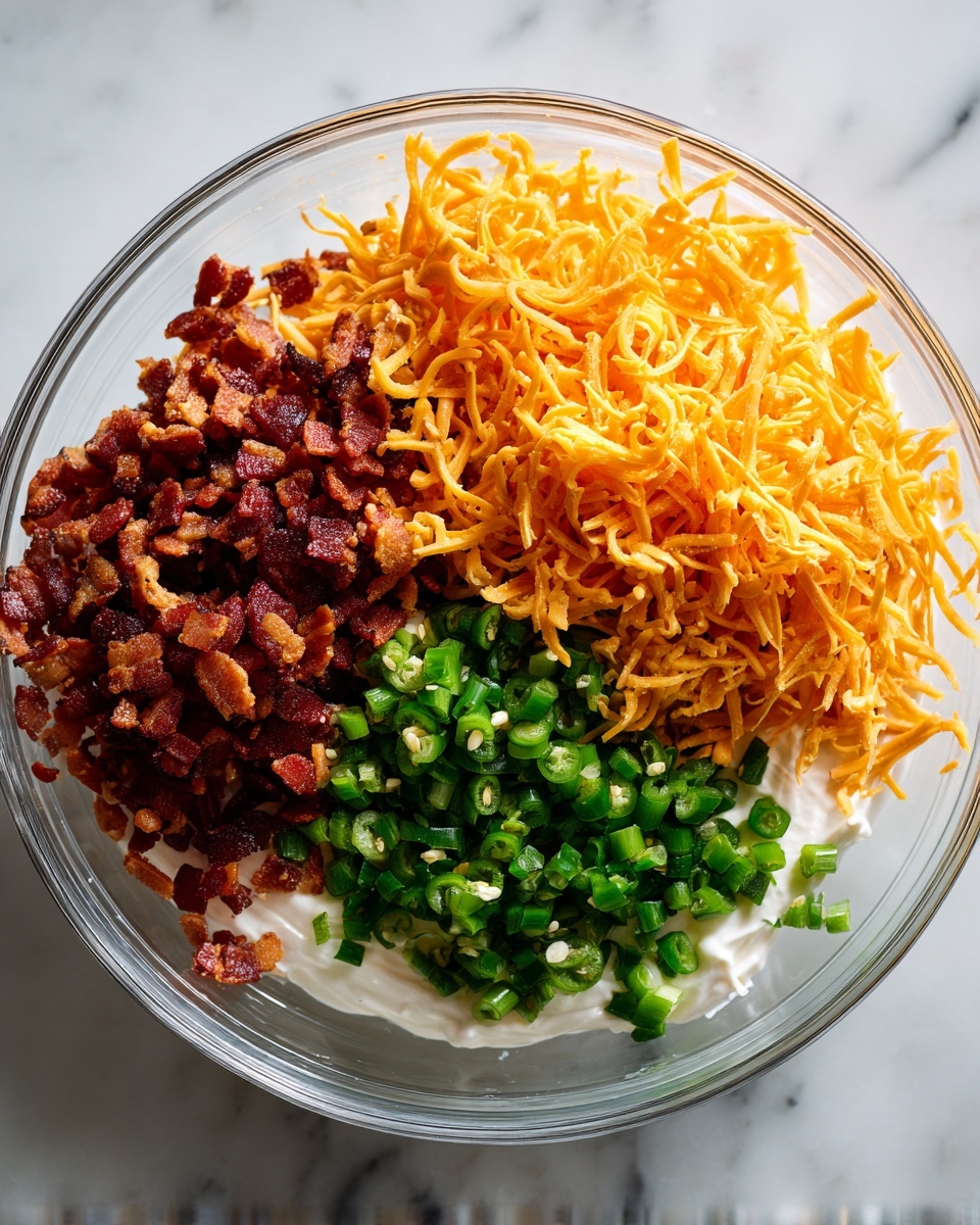 A clear glass bowl sits on a white marbled surface, holding three main layers of ingredients. On the right side of the bowl is a large pile of shredded bright orange cheddar cheese with a soft, curly texture. Below and slightly to the left is a smaller amount of white creamy base facing the bottom side of the bowl. To the left of the cheese is a heap of small dark red-brown crisp bacon pieces, and above the bacon is a pile of chopped fresh green jalapeño peppers. The colors contrast strongly against each other inside the bowl. Photo taken with an iphone --ar 4:5 --v 7