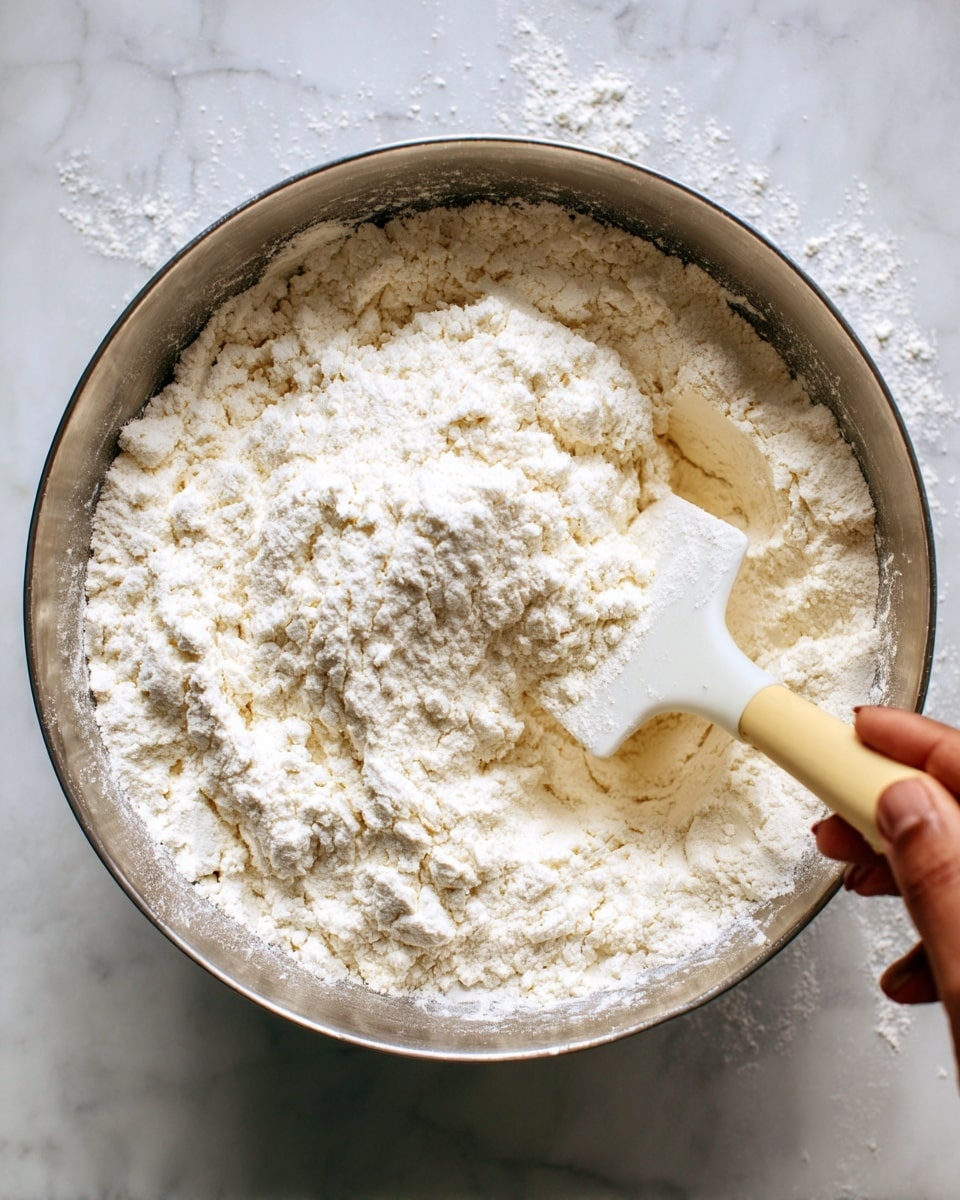 A close-up view of a silver mixing bowl filled with white flour that looks soft and powdery. A white spatula with a pale yellow handle is partially buried in the flour, lifting some of it gently. The background surface is a white marbled texture. A woman's hand is holding the spatula, positioned at the top right edge of the bowl. Photo taken with an iphone --ar 4:5 --v 7