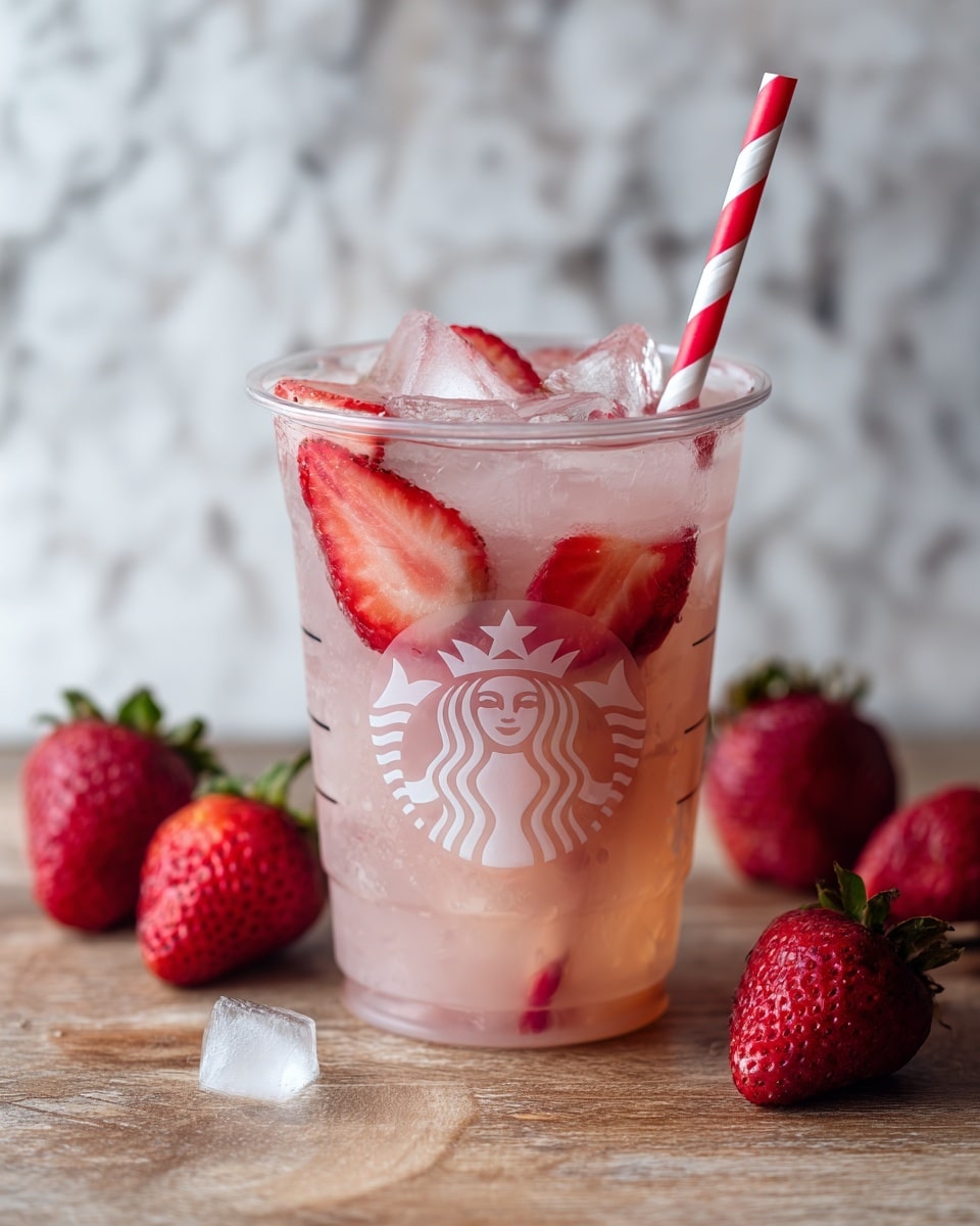 A clear plastic cup filled with a light pink drink topped with several fresh red strawberry slices and ice cubes. Inside the drink near the middle are a few more strawberry slices, giving a layered look with the pink liquid and translucent ice. A red and white striped paper straw sticks out from the top right side of the cup. The cup has a white Starbucks logo on the front and sits on a light brown wooden surface with a white marbled background. Fresh whole strawberries are scattered around the cup. Photo taken with an iphone --ar 4:5 --v 7