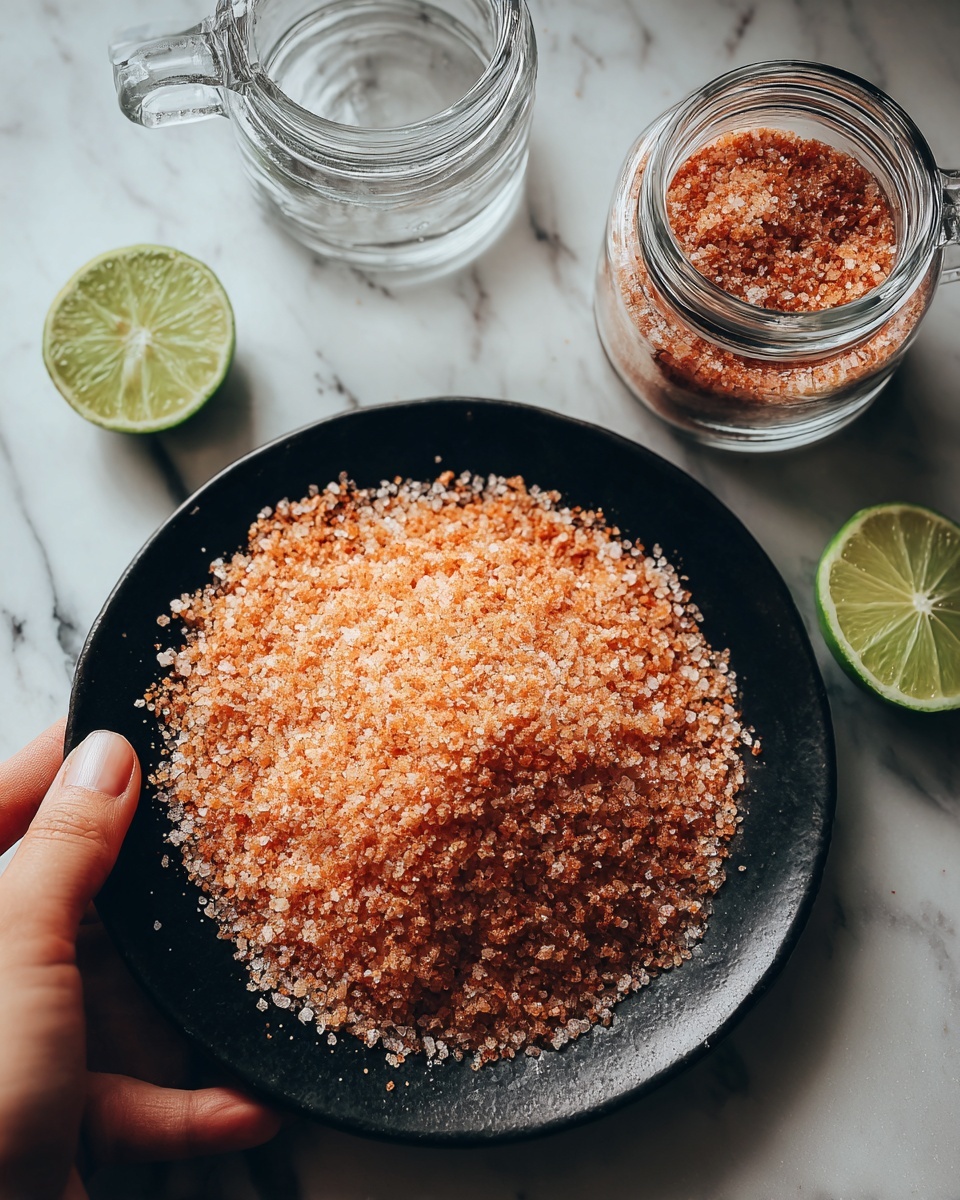 A person's fist is holding the edge of a flat black plate filled with a single thin layer of coarse salt mixed with a reddish-orange powder, giving a textured look with varying grain sizes and warm colors. Behind the plate are two clear glass jars with one handle and a small wedge of green lime on the white marbled surface. The photo taken with an iphone --ar 4:5 --v 7