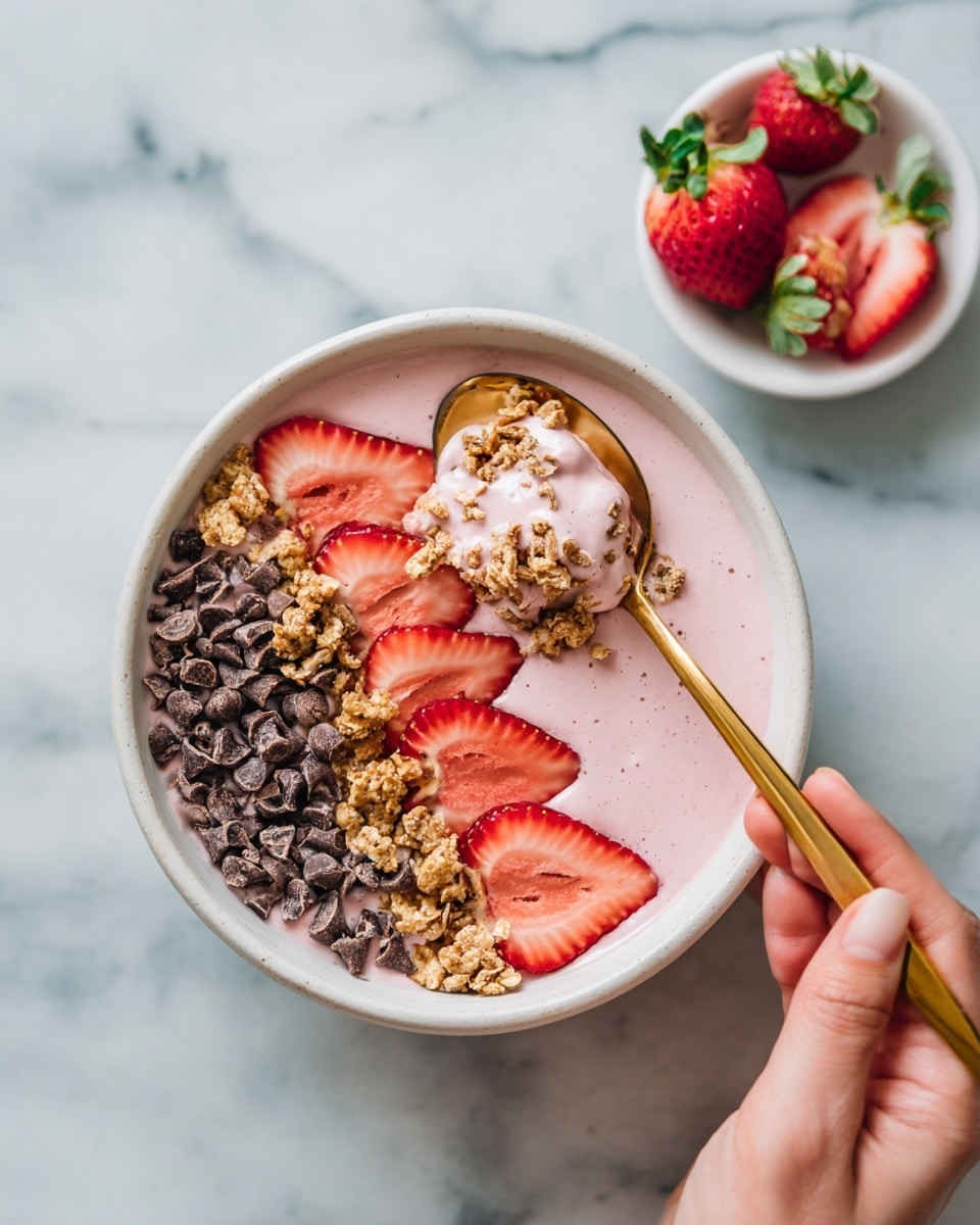 The image shows a white bowl filled with three main layers: a creamy pink smoothie base, topped with a row of light brown granola on one side, sliced red strawberries arranged neatly on another side, and a cluster of small dark chocolate chips filling the last side. A golden spoon holds a scoop of the thick pink smoothie above the bowl, with part of a woman's hand visible on the right. The bowl sits on a white marbled surface, and there is a small white bowl with whole and sliced strawberries in the background. Photo taken with an iphone --ar 4:5 --v 7