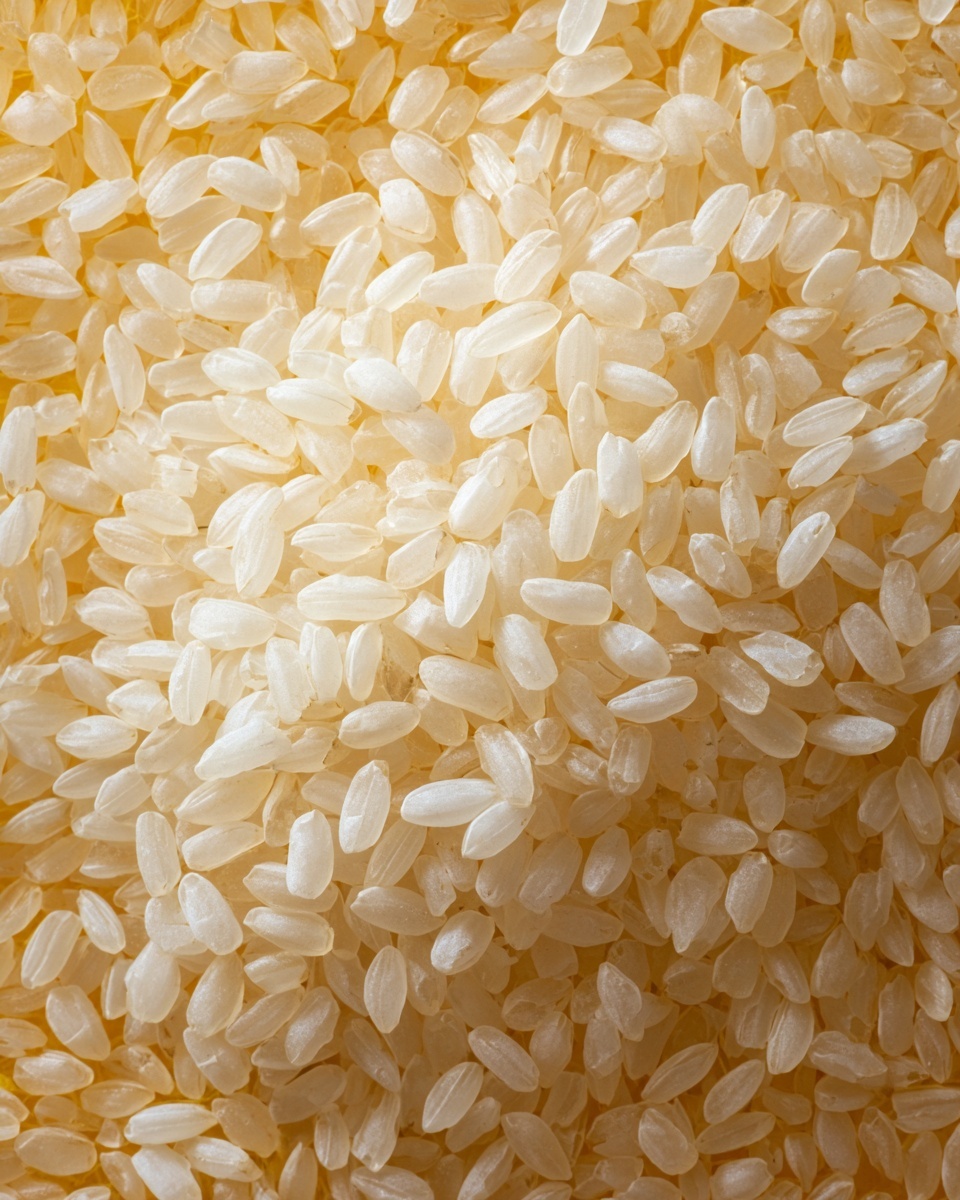 The image shows a close-up view of a pile of uncooked short-grain white rice with smooth, shiny surfaces and a slightly translucent texture. The rice grains are densely packed, filling the entire frame with their small, rounded shapes and soft white color. The background is a light yellow mesh that slightly contrasts with the white rice grains. The photo taken with an iphone --ar 4:5 --v 7