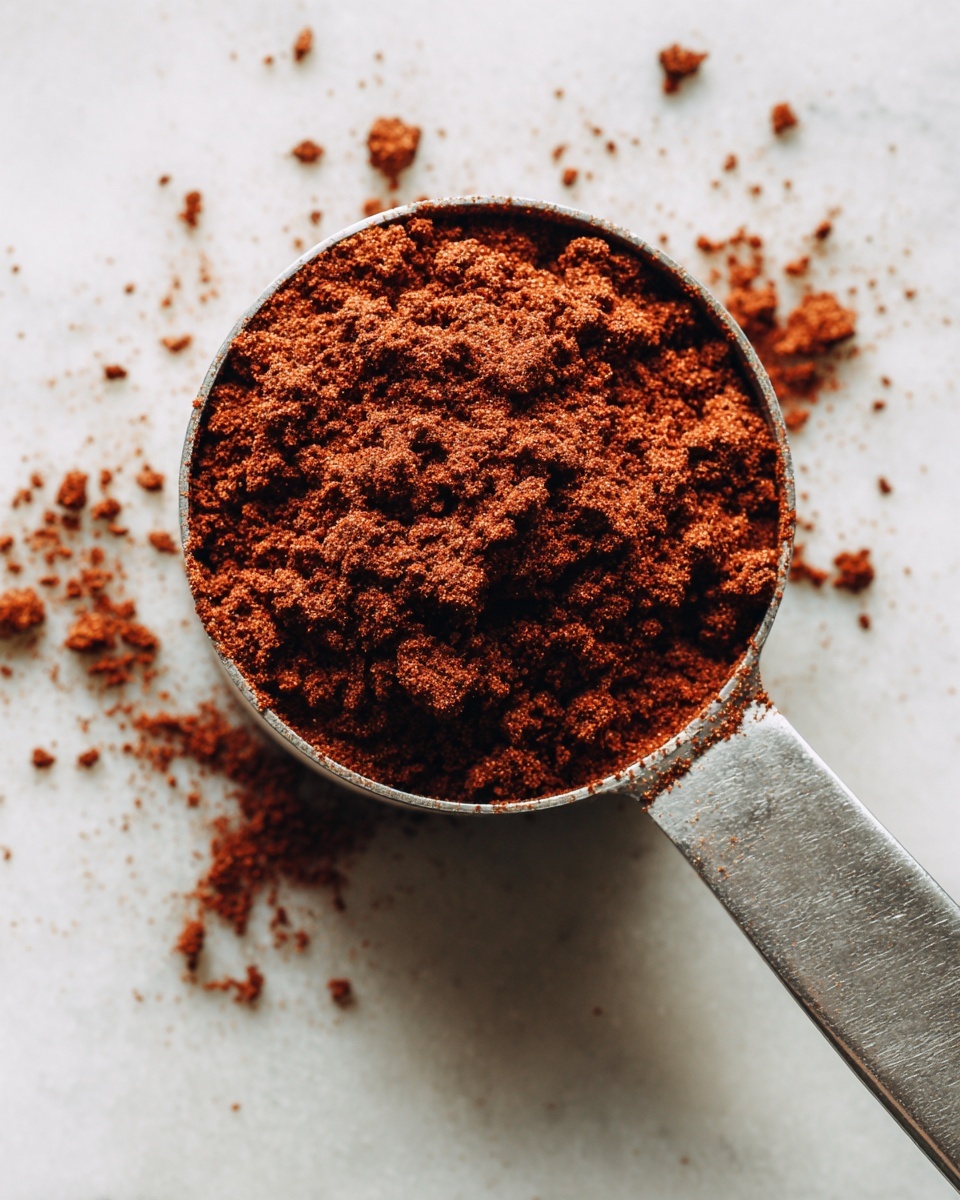 A close-up view of a small metal measuring cup filled with a loose, reddish-brown powder that has a dry, crumbly texture and slight clumps on top, sitting on a white marbled surface. The handle of the cup is visible on the right side, slightly dusted with the same powder. photo taken with an iphone --ar 4:5 --v 7