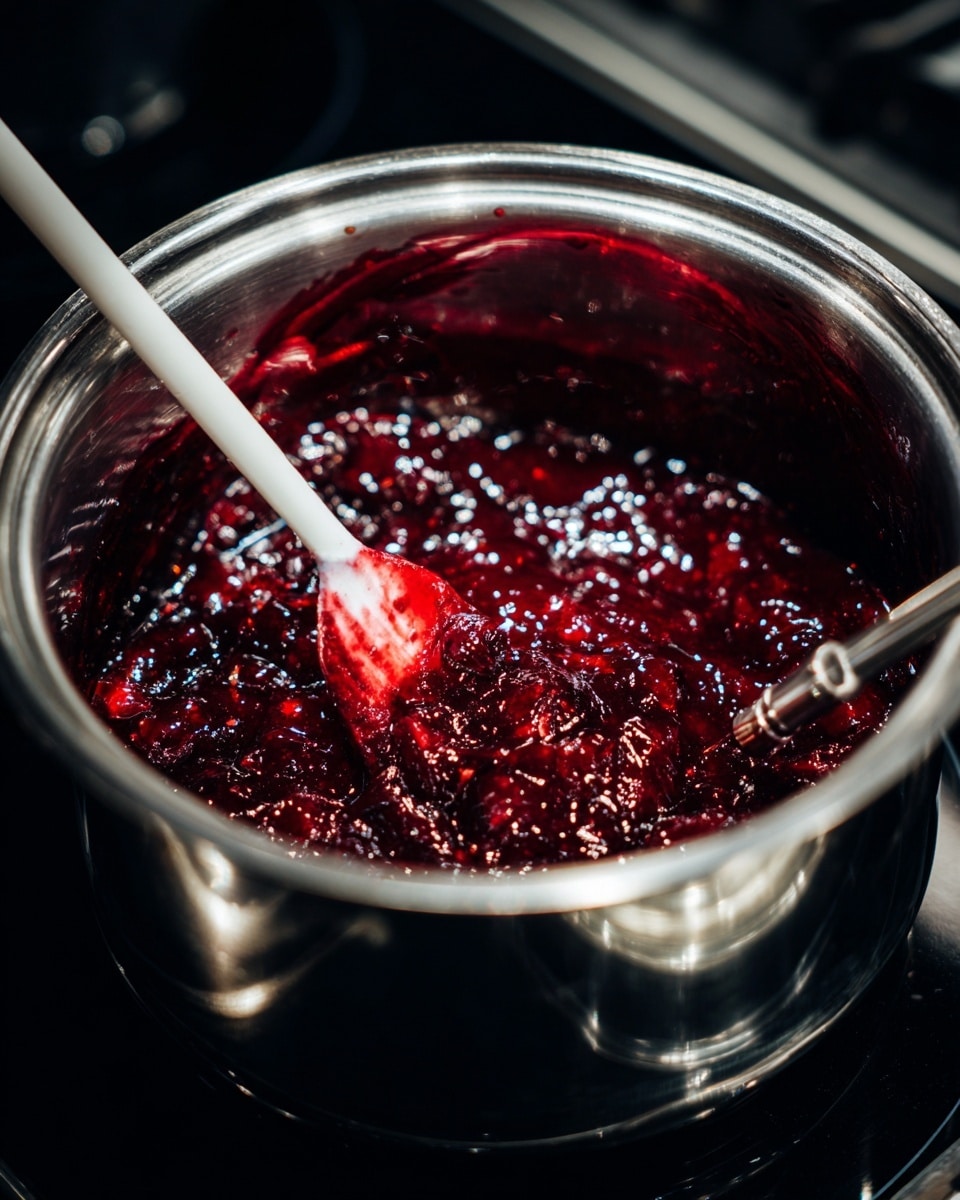 The image shows a close-up view of a shiny silver pot filled with thick, dark red jam or sauce that has a glossy, chunky texture. Inside the pot, a white spatula with a red-stained blade is partially submerged in the jam, while a metal candy or sugar thermometer is clipped to the side of the pot, showing careful cooking. The pot is placed on a black stovetop with reflections on its surface, and the background is mostly dark and out of focus. Photo taken with an iphone --ar 4:5 --v 7