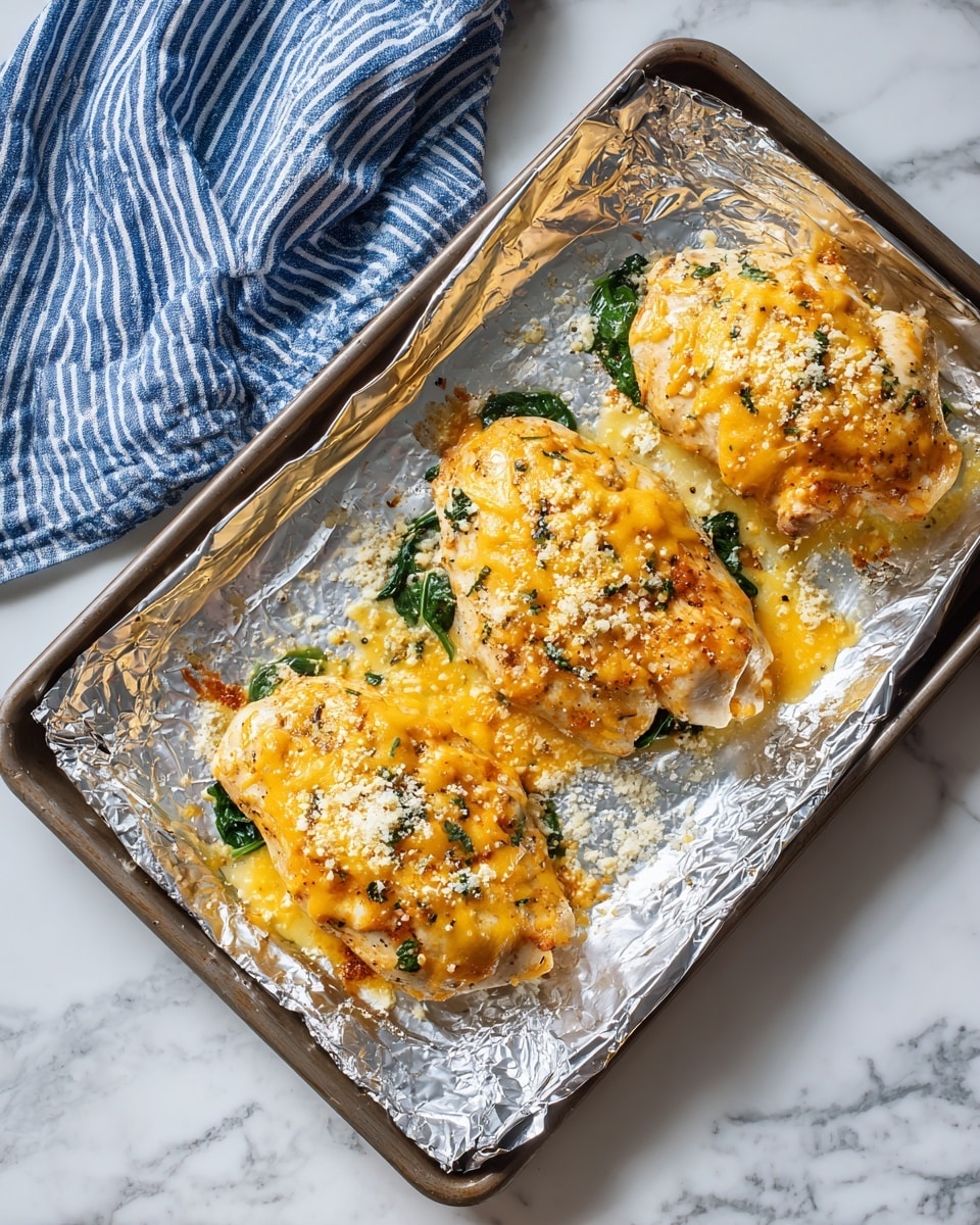 The image shows three cooked chicken pieces on a baking tray lined with crumpled aluminum foil. Each piece is topped with a layer of melted orange cheese and a sprinkle of white grated cheese powder, creating a textured surface. The chicken looks golden brown with some crispy edges, and underneath each piece, some green spinach leaves peek out, adding a touch of color. The tray rests on a white marbled surface, and a blue and white striped cloth is placed in the upper left corner. Photo taken with an iphone --ar 4:5 --v 7