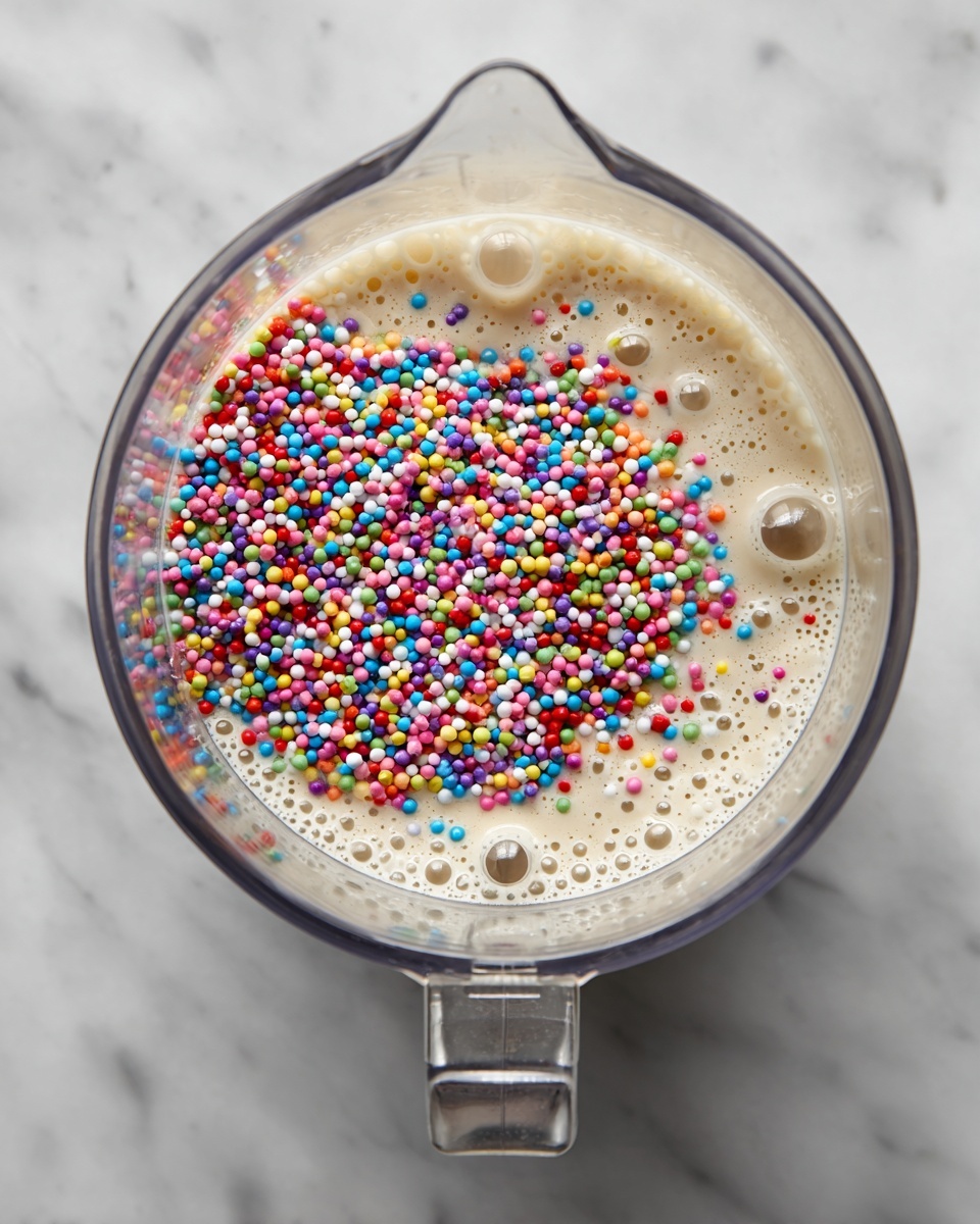A clear blender filled with a light beige creamy mixture with small bubbles on the surface. On top of the mixture, there is a pile of tiny, round, colorful sprinkles in red, blue, green, yellow, pink, purple, orange, and white. The blender sits on a white marbled surface, and the photo is taken from above showing the blender's clear handle and lid details. photo taken with an iphone --ar 4:5 --v 7