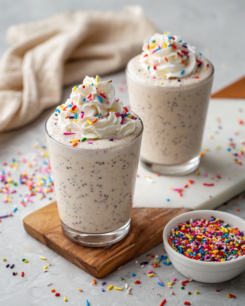 A close-up of two tall clear glasses filled with a light beige smoothie that has a creamy and frothy texture with tiny bubbles on the surface. Each glass is topped with small, round, colorful sprinkles scattered mostly in the center, showing bright colors like red, yellow, blue, green, and pink. One glass is in the front and the second glass is slightly out of focus behind it. The glasses sit on a white marbled surface with a soft blurred cloth and wooden board partially visible in the background. Photo taken with an iphone --ar 4:5 --v 7