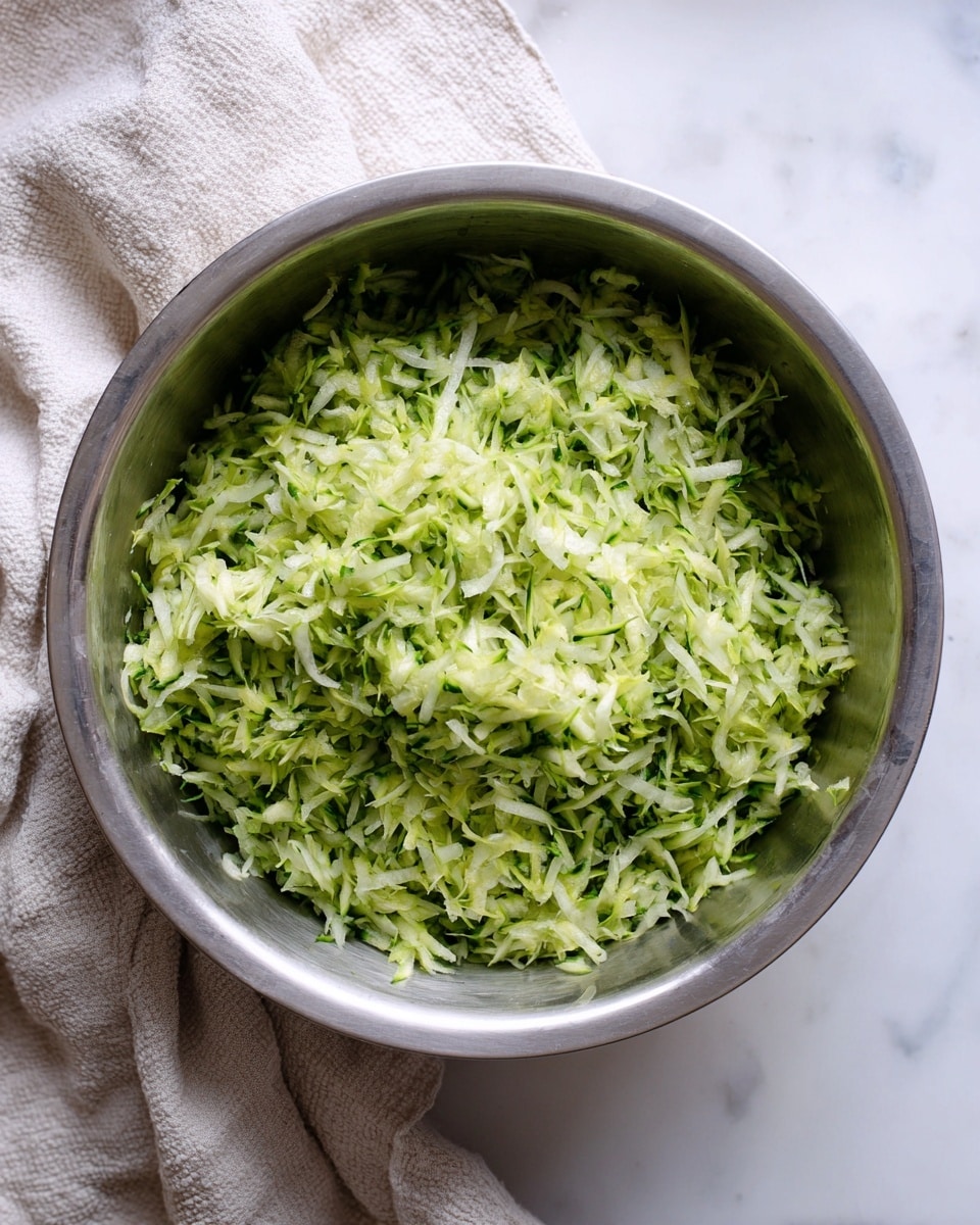 A stainless steel bowl filled with a loose pile of finely shredded green zucchini, showing light and dark green tones with a moist, soft texture. The bowl is placed on a white marbled surface with a cloth underneath it. Photo taken with an iphone --ar 4:5 --v 7