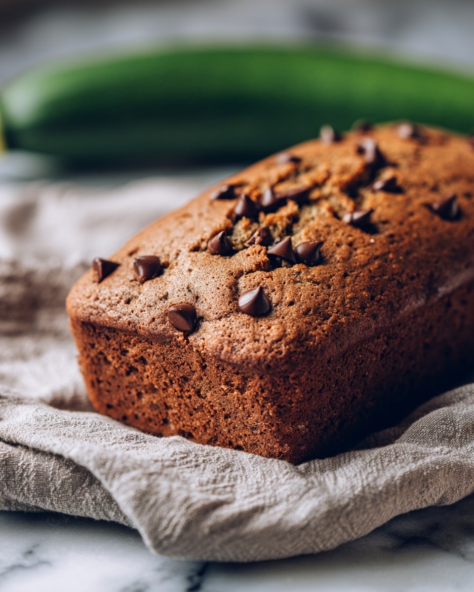 A single loaf of light brown quick bread with a slightly rough texture is shown, with dark brown chocolate chips scattered unevenly across the top surface; the loaf sits on a soft, light gray cloth with a visible woven pattern, and in the blurred background, a green zucchini lies on a white marbled surface. photo taken with an iphone --ar 4:5 --v 7