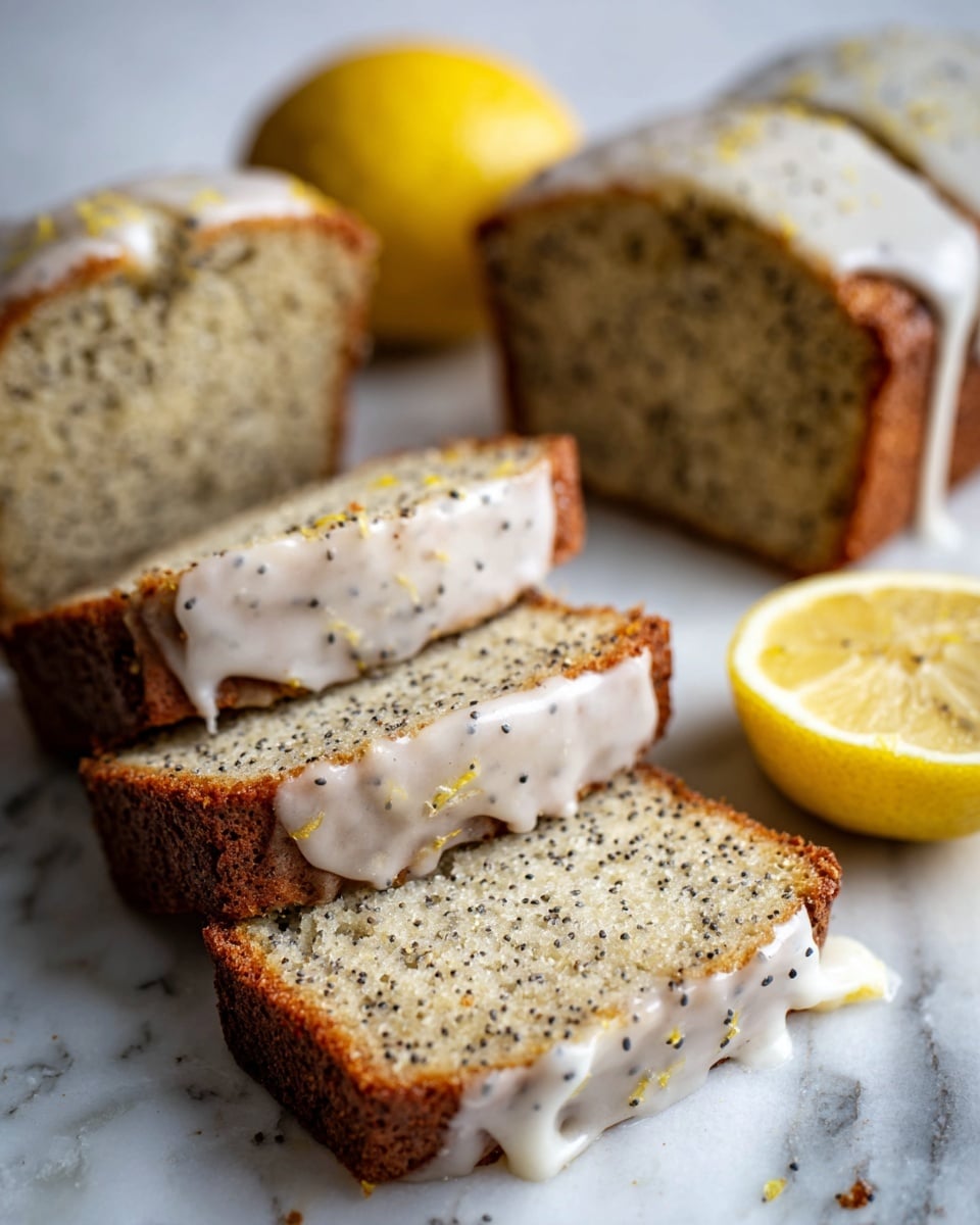 The image shows several slices of a light brown poppy seed lemon cake arranged on a white marbled surface, with some slices stacked partially on top of each other. Each cake slice has a light, moist texture with visible poppy seeds inside. A thin layer of pale white icing with a slightly shiny, smooth texture drips gently down the edges of some slices. Two whole bright yellow lemons are placed near the cake slices, adding a fresh and vibrant color contrast. The overall look is inviting and fresh. photo taken with an iphone --ar 4:5 --v 7