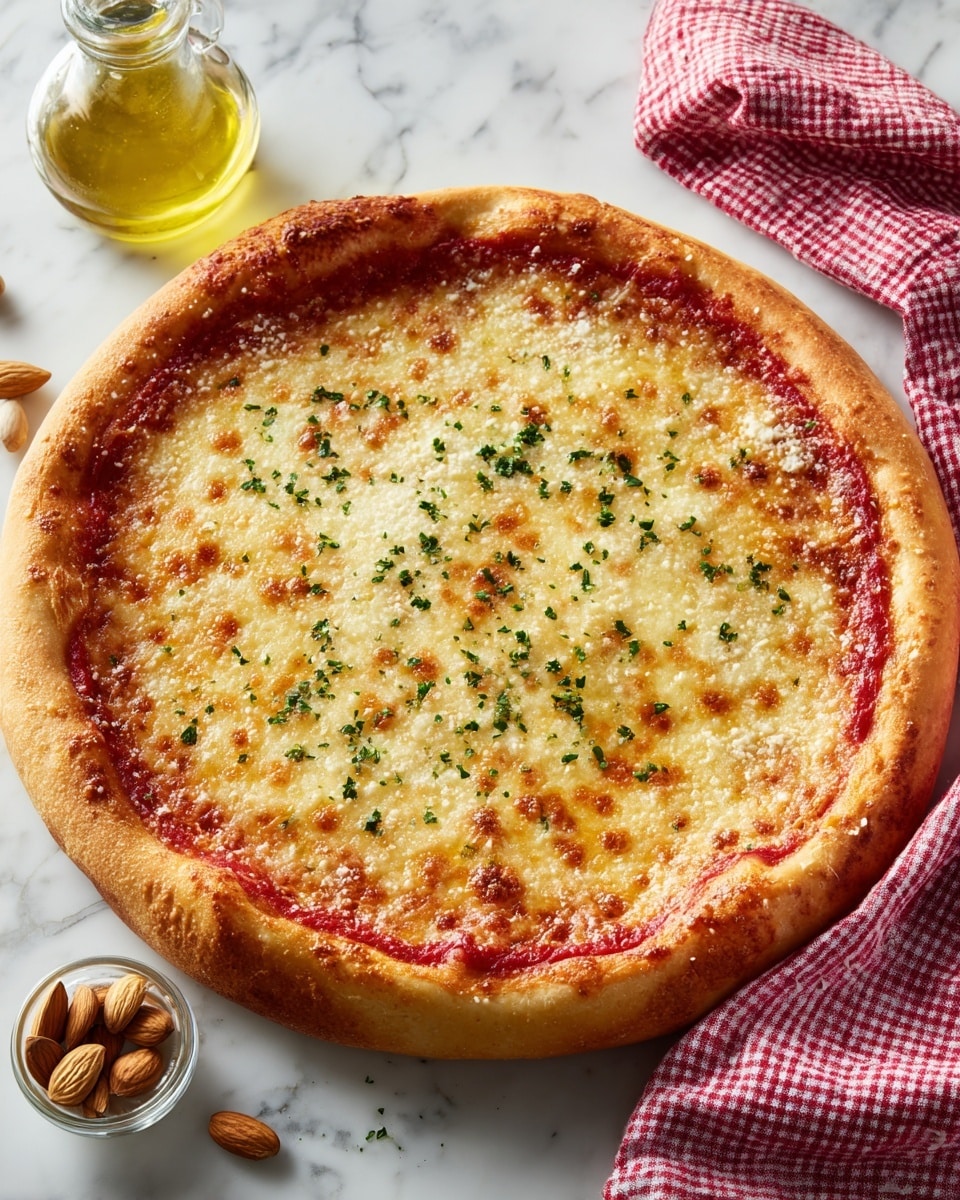A round pizza with a thick, golden-brown crust forms the base layer, topped by a layer of bright red tomato sauce that spreads evenly to the edges. Above that, there's a layer of melted cheese that is light yellow with some brown spots where it has slightly browned and bubbled, sprinkled with small bits of green herbs scattered across the surface. The pizza sits on a white marbled surface, with a small glass jar of golden olive oil and some almonds nearby, as well as a red and white checkered cloth loosely placed behind the pizza. Photo taken with an iphone --ar 4:5 --v 7