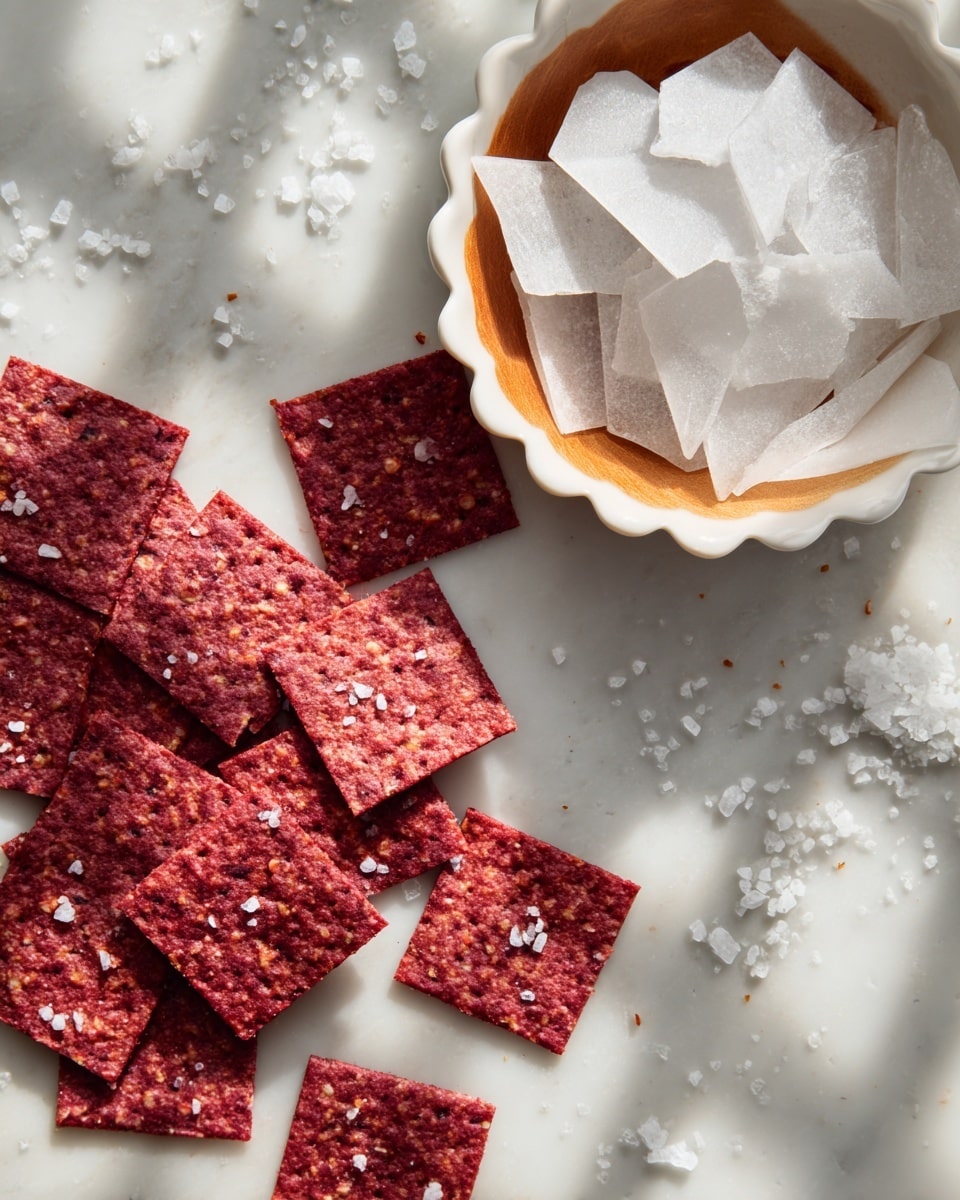 Red square crackers are spread unevenly on a white marbled surface, each cracker showing a rough texture with some lighter and darker red spots. Some crackers are whole, while others have edges broken off, and they are sprinkled with coarse salt crystals that gleam slightly in the light. On the left side, there is a white scalloped bowl filled with large flaky salt pieces, partly visible in the frame. The overall scene is lit with natural light creating soft shadows and highlighting the salt and cracker textures, giving a rustic and fresh appearance photo taken with an iphone --ar 4:5 --v 7