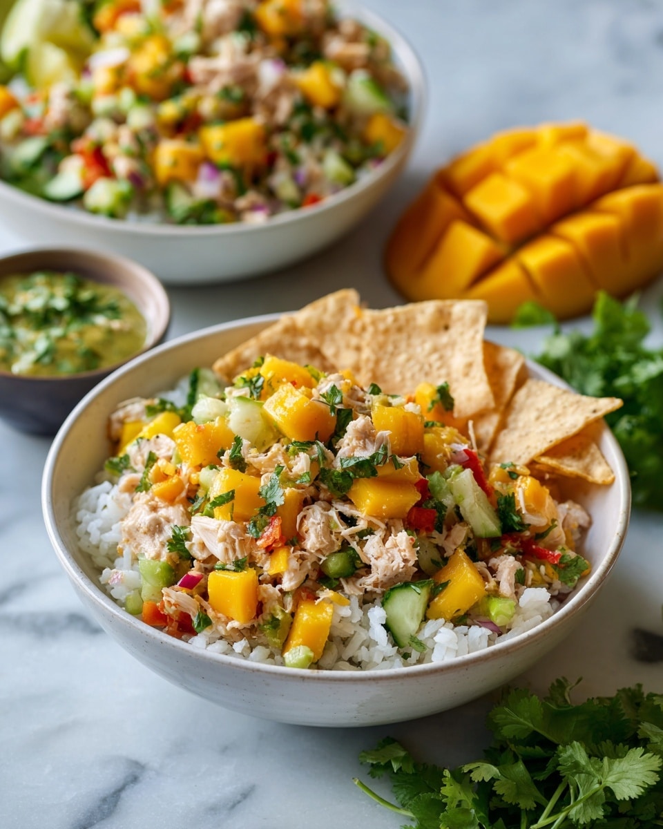 A close-up view of a light meal served in two white bowls set on a white marbled surface. The first bowl in front is filled with a colorful mix of diced orange mango, small white rice grains, chopped red bell pepper, bright green cucumber, shredded light tan chicken, and bits of green herbs, with some triangular light brown tortilla chips tucked on the right side. Behind it, the second bowl holds a bigger portion of the same mixed ingredients, showing the same bright colors and textures. To the right of the bowls, an orange-yellow mango fruit and fresh green cilantro leaves add natural color contrast. photo taken with an iphone --ar 4:5 --v 7