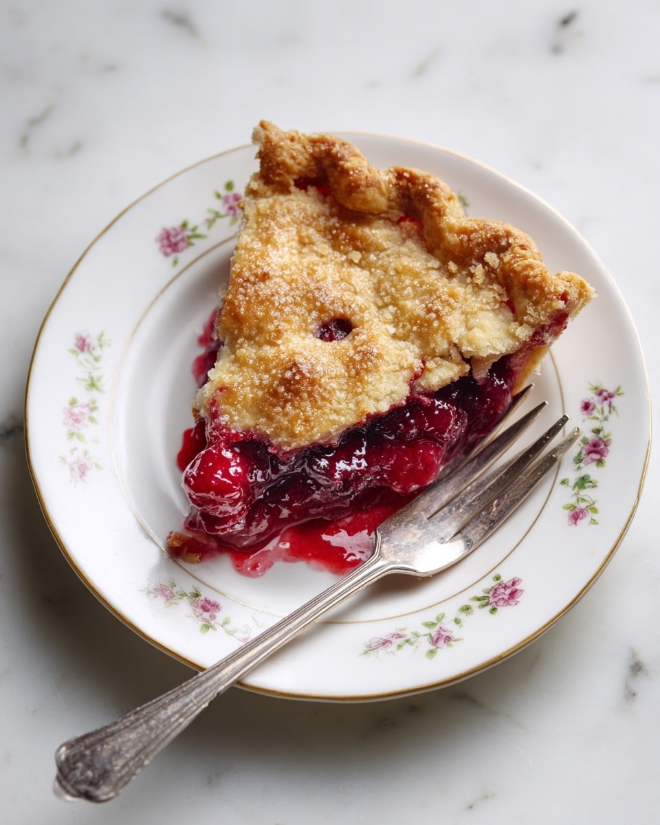 A single slice of fruit pie rests on a white plate with small floral designs and a gold rim. The pie has two layers: a golden-brown, slightly crumbly top crust with a lightly sugared surface, and a thick, deep red fruit filling visible along the side and slightly oozing out, showing a glossy, jam-like texture. A silver fork is placed near the pie slice on the plate. The plate sits on a white marbled surface. Photo taken with an iphone --ar 4:5 --v 7