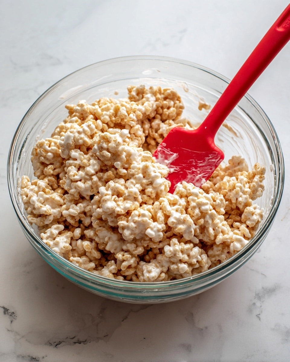 A clear glass bowl filled with a sticky mix of beige puffed rice cereals coated in melted white marshmallow, held together with visible thin white stringy layers of melted marshmallow running through the cereal. A bright red silicone spatula rests in the bowl, partially covered with the cereal mix. The bowl is placed on a white marbled surface, with some cereal bits clinging to the inner sides of the bowl, showing the texture of the soft, sticky treat. photo taken with an iphone --ar 4:5 --v 7