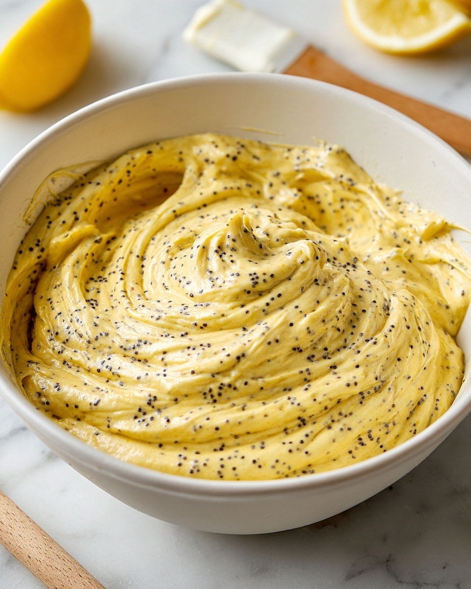 A white mixing bowl filled with thick, creamy yellow batter that has many small black poppy seeds mixed evenly throughout. The batter has a slightly rough texture with swirls and peaks where it has been stirred. The bowl sits on a white marbled surface, and in the background, there is a blurry white spatula with a wooden handle and a bright yellow lemon wedge resting on the surface. The scene is bright and softly lit, focusing clearly on the textured batter inside the bowl. photo taken with an iphone --ar 4:5 --v 7