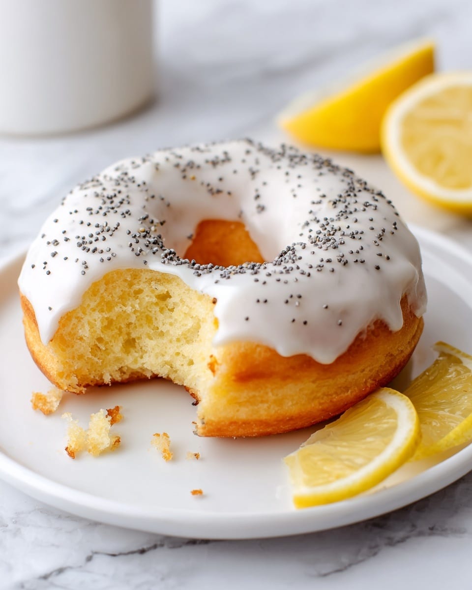 A small round donut with a smooth white icing layer covered evenly on top and little poppy seeds sprinkled across its surface. The donut has a soft, light yellow inside with tiny poppy seeds visible throughout the dough. A bite is taken out from one side, showing the texture inside. The donut sits on a white plate over a white marbled surface with some crumbs scattered nearby. Two fresh lemon wedges with bright yellow peel and juicy inside are placed next to the donut. Photo taken with an iphone --ar 4:5 --v 7