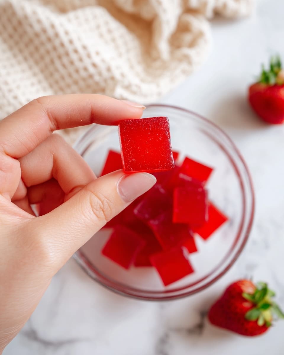 A woman's hand is holding a small, smooth, bright red square jelly piece between fingers. Below, there is a clear glass bowl filled with many similar red jelly squares. The background shows a white marbled surface with a soft cream-colored waffle cloth slightly out of focus and a few ripe strawberries with green leaves on the right side. The overall look is clean and fresh with bright colors standing out against the neutral background photo taken with an iphone --ar 4:5 --v 7