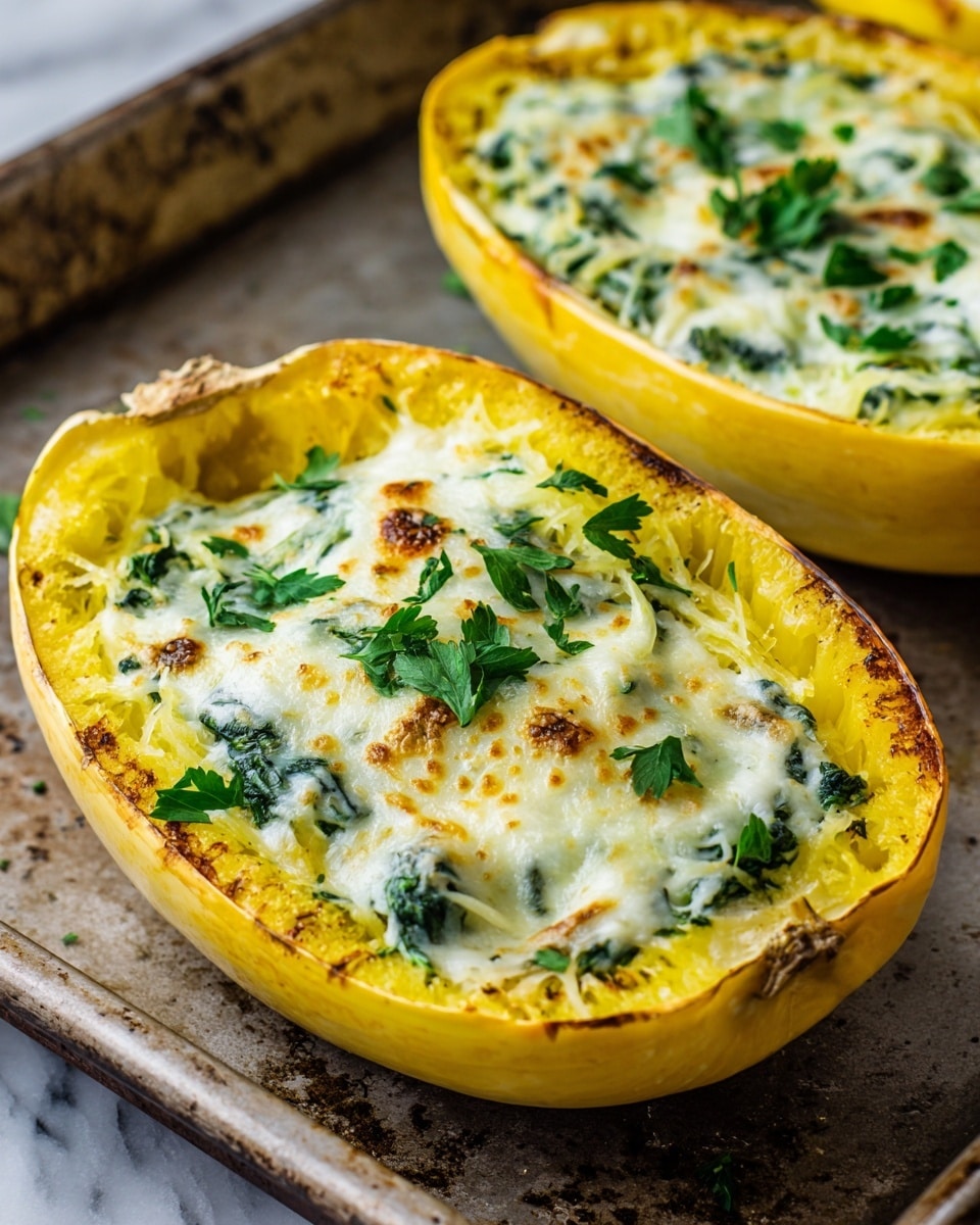 The image shows a close-up of a yellow spaghetti squash half filled with three distinct layers: the bright, textured yellow squash shell forms the base layer, holding a creamy, white layer mixed with green spinach that is visible throughout and topped with a golden-brown melted cheese layer. Small pieces of fresh green parsley are scattered on top for color contrast. The squash is placed on a rough baking tray on a white marbled surface. photo taken with an iphone --ar 4:5 --v 7