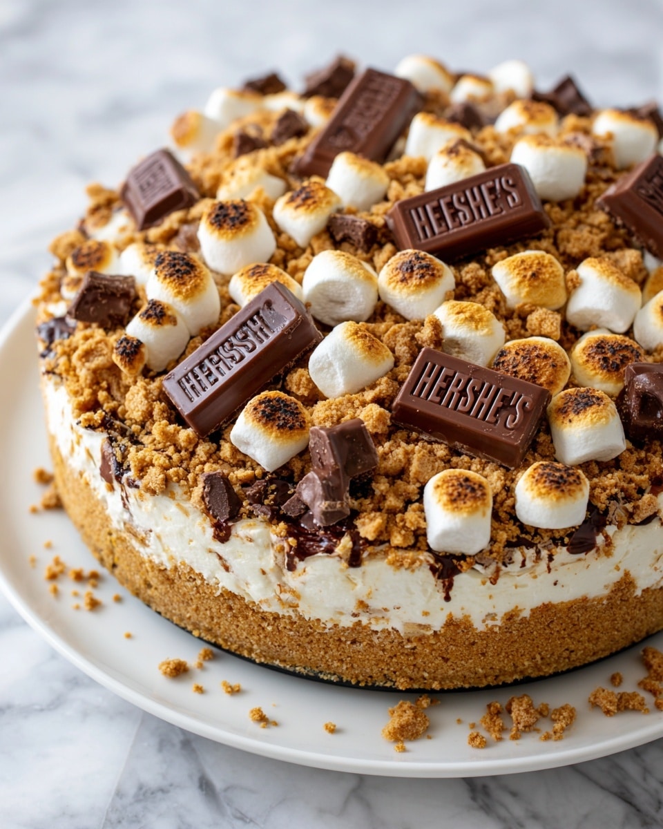 A large round dessert on a white plate with a golden brown cookie base as the bottom layer. On top, there are scattered chunks of crumbly brown cookie or crust pieces mixed with flat squares of dark chocolate pieces showing the word