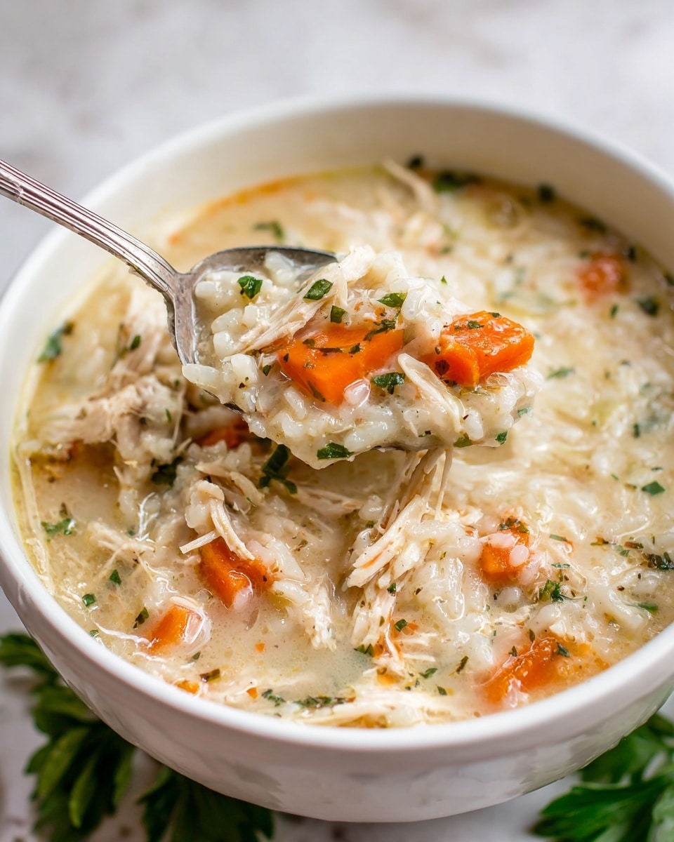 A close-up view of a white bowl filled with thick, creamy chicken and rice soup. The soup has soft, light beige rice and tender, pale yellow chicken pieces mixed with bright orange carrot slices and small green herb bits. A silver spoon with a scoop of the soup is shown lifting from the bowl. The bowl sits on a white marbled surface with some green leafy vegetables partially visible at the bottom. The overall texture looks smooth with bits of vegetables and chicken pieces well mixed in. Photo taken with an iphone --ar 4:5 --v 7