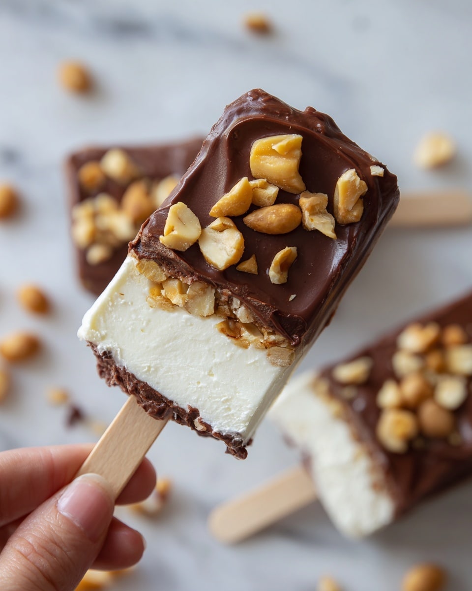 A close-up shows a dessert bar with three main layers. The bottom layer is white and creamy, smooth and thick, forming the base. On top of this is a thick dark chocolate layer, glossy and covering most of the white base. Scattered across the chocolate layer are chunks of light brown nuts, giving a crunchy look. The bar is held by a woman's hand gripping a light wooden stick attached at the top, with the stick partly dipped into the white layer. The background is a white marbled surface with more nut pieces nearby, adding texture to the scene. Photo taken with an iphone --ar 4:5 --v 7