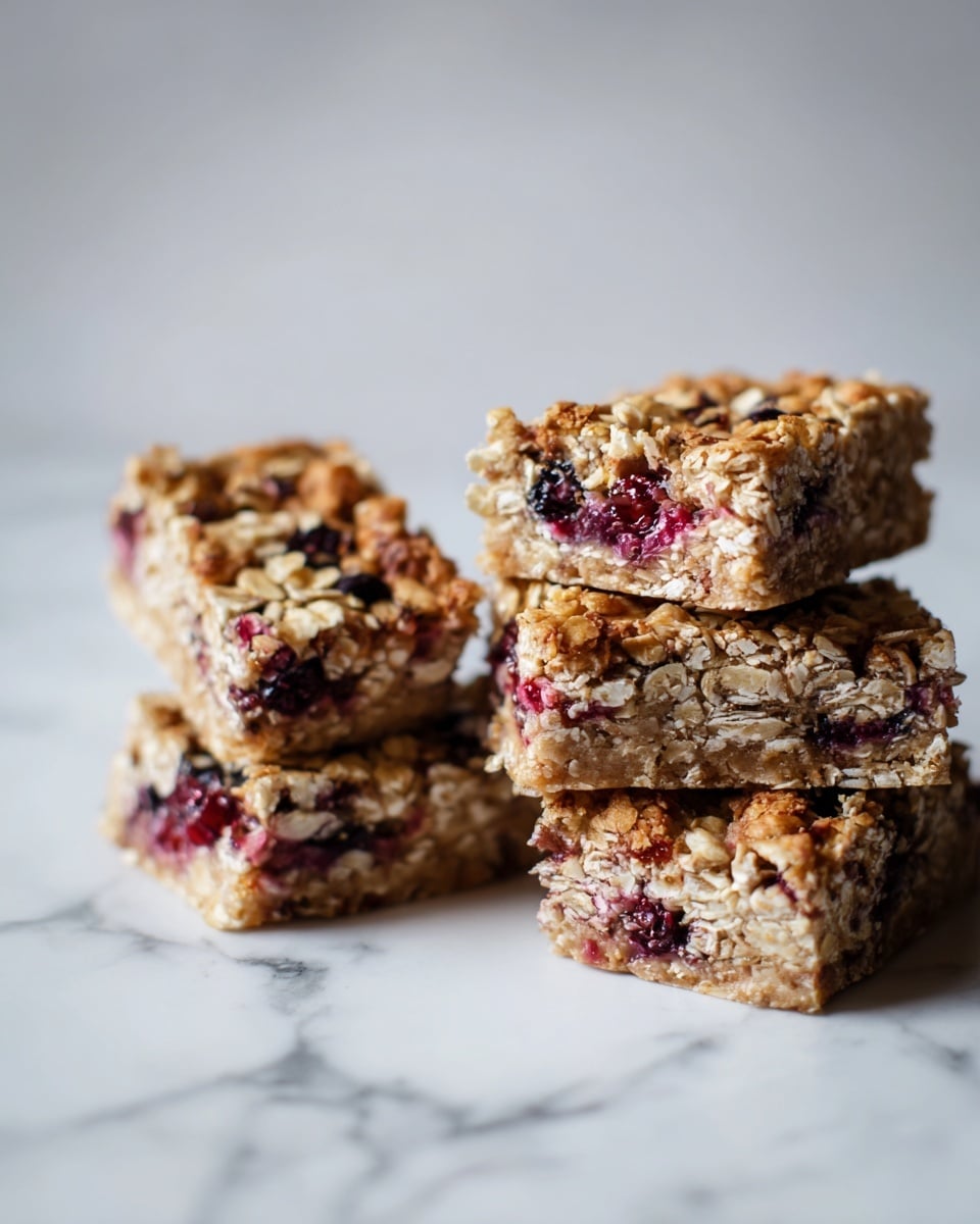 A close-up view of a stack of three thick oat and berry bars on a white marbled surface. Each bar has two main layers: a golden-brown oat crust on top and bottom with a crumbly texture, and in the middle, a vibrant mix of dark blue and deep red berries that look juicy and soft. The berry layer is unevenly spread and shows whole berries and some bursts of juice, creating a colorful contrast with the light oat layers. The stack is slightly uneven, making the bars look homemade and fresh. Photo taken with an iphone --ar 4:5 --v 7