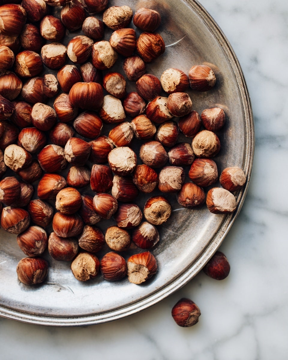 The image shows many whole hazelnuts with brown shells spread out on a silver metal tray with a smooth texture and curved edges. The nuts are scattered unevenly, some closer together and some farther apart, with a slight shine on their surfaces. The tray is placed on a white marbled surface. Photo taken with an iphone --ar 4:5 --v 7