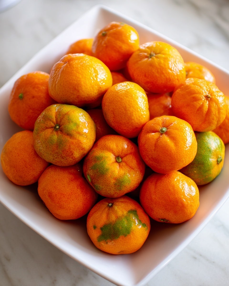 A white square bowl filled with many small, round mandarins piled high, showing layers of bright orange and some with spots of green, giving a fresh and natural look. The mandarins have smooth, shiny skin with slight texture. The bowl sits on a white marbled surface with soft lighting that highlights the fruit's vibrant colors. photo taken with an iphone --ar 4:5 --v 7