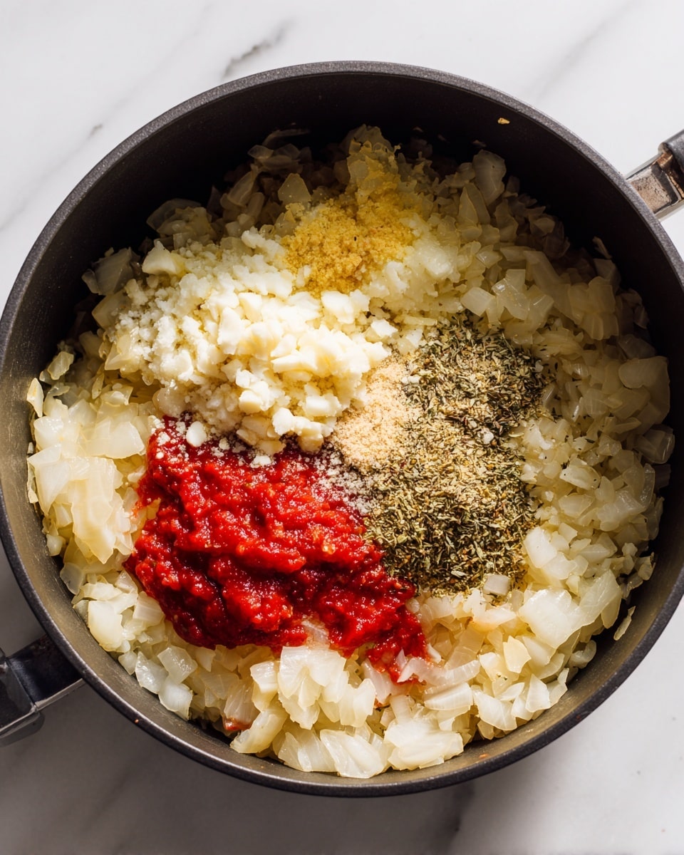 Inside a large black pot, there is a base layer of finely chopped cooked onions that appear soft and translucent. On top of the onions, there are three small piles: one of minced white garlic, one of red tomato paste with a smooth thick texture, and one of mixed dry herbs in a greenish-brown tone with a powdery look. The pot sits on a white marbled surface, and the scene is brightly lit, showing the textures clearly. photo taken with an iphone --ar 4:5 --v 7