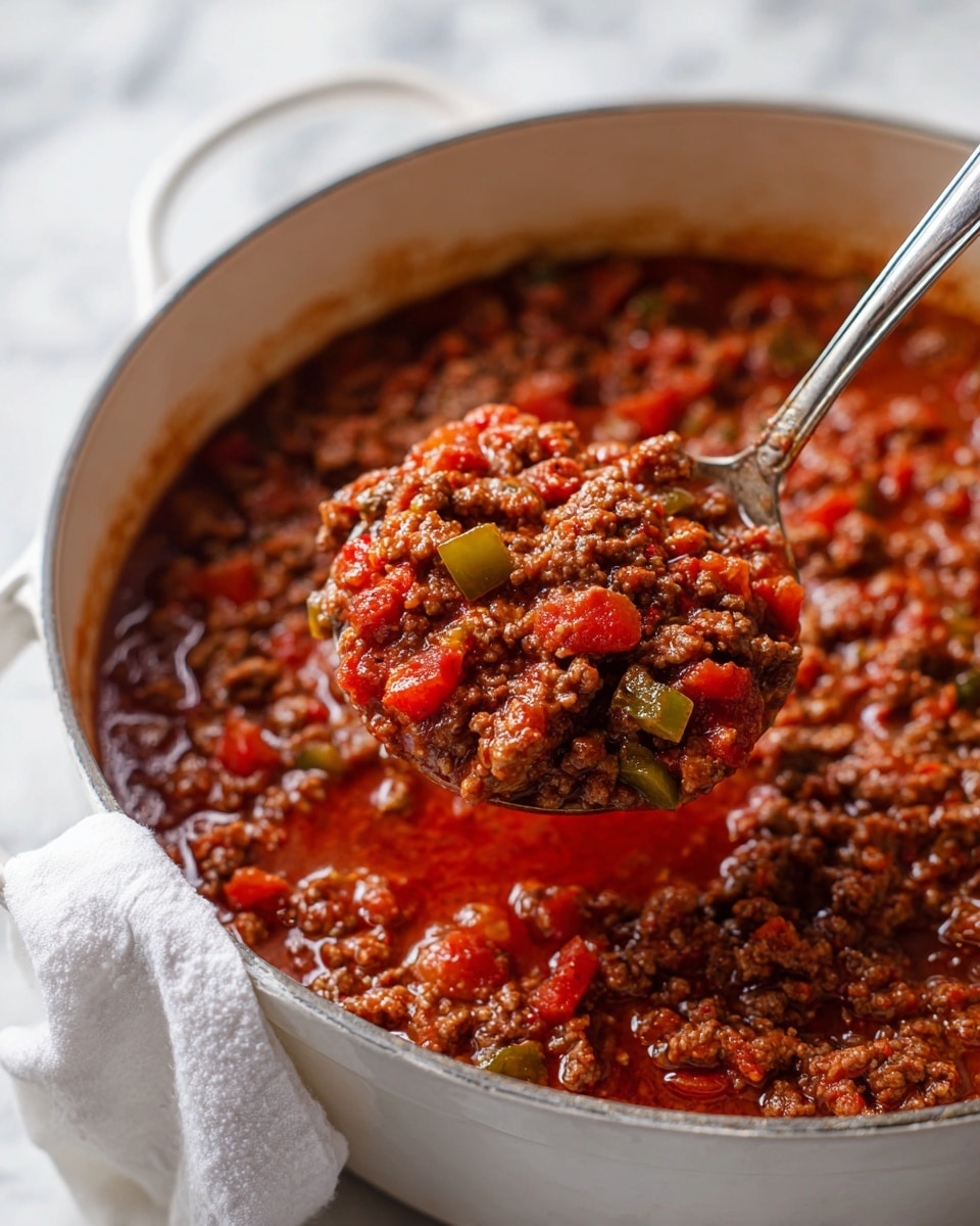 A close-up view of a white pot filled with a thick, chunky meat sauce. The sauce has three main parts: cooked ground meat with a brown color and crumbly texture, diced vegetables including red tomatoes and green peppers, and a rich red tomato sauce that is slightly watery, dripping from a silver ladle. The ladle is held above the pot, lifting a scoop of the mixture with visible small pieces of meat and vegetables. A white towel hangs on the pot handle, and the setting has a white marbled texture background. Photo taken with an iphone --ar 4:5 --v 7