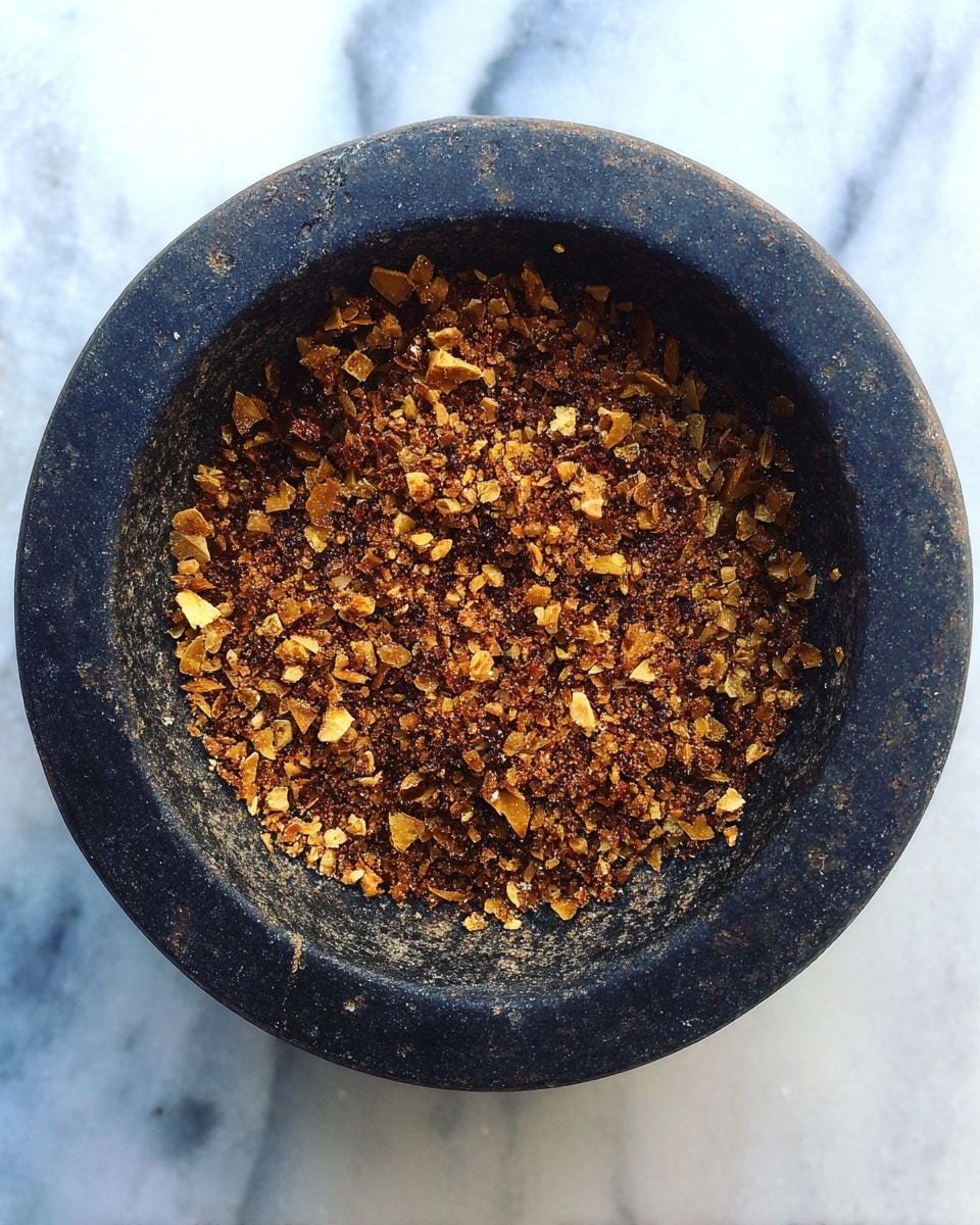 A close-up top view of a dark stone mortar filled with crushed brown and tan seeds or spices, showing a coarse, uneven texture, placed on a white marbled surface. The crushed mixture has small pieces and a slightly rough look with some fragments sticking to the mortar's inner walls. Photo taken with an iphone --ar 4:5 --v 7